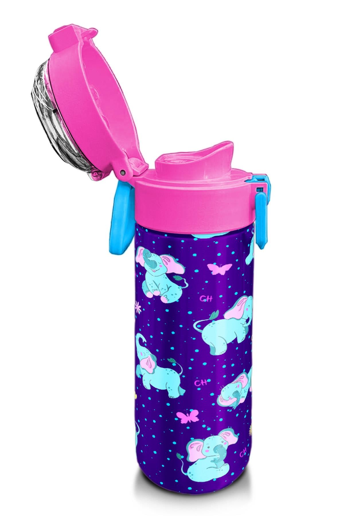 Coral High Kids Mor Pembe Fil Desenli Pipetli ve Direkt İçim Çelik Termos 500 ml 31970