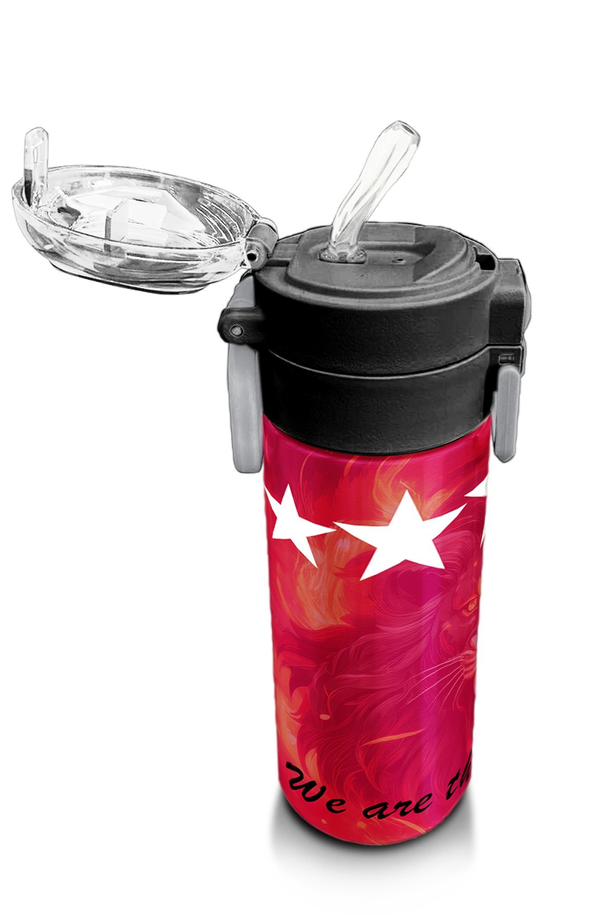 Coral High Kids Sarı Kırmızı 5 Yıldız Aslan Taraftar Desenli Pipetli ve Direkt İçim Çelik Termos 500 ml 31792