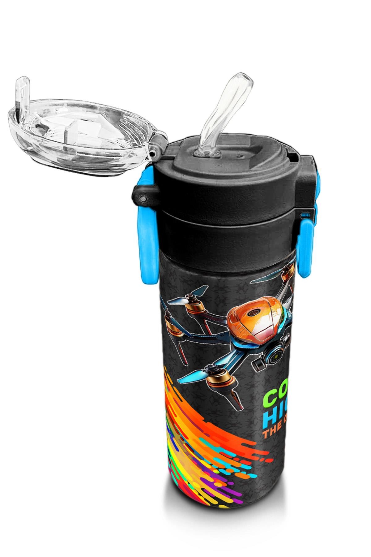 Coral High Kids Siyah Drone Pilot Desenli Pipetli ve Direkt İçim Çelik Termos 500 ml 31996