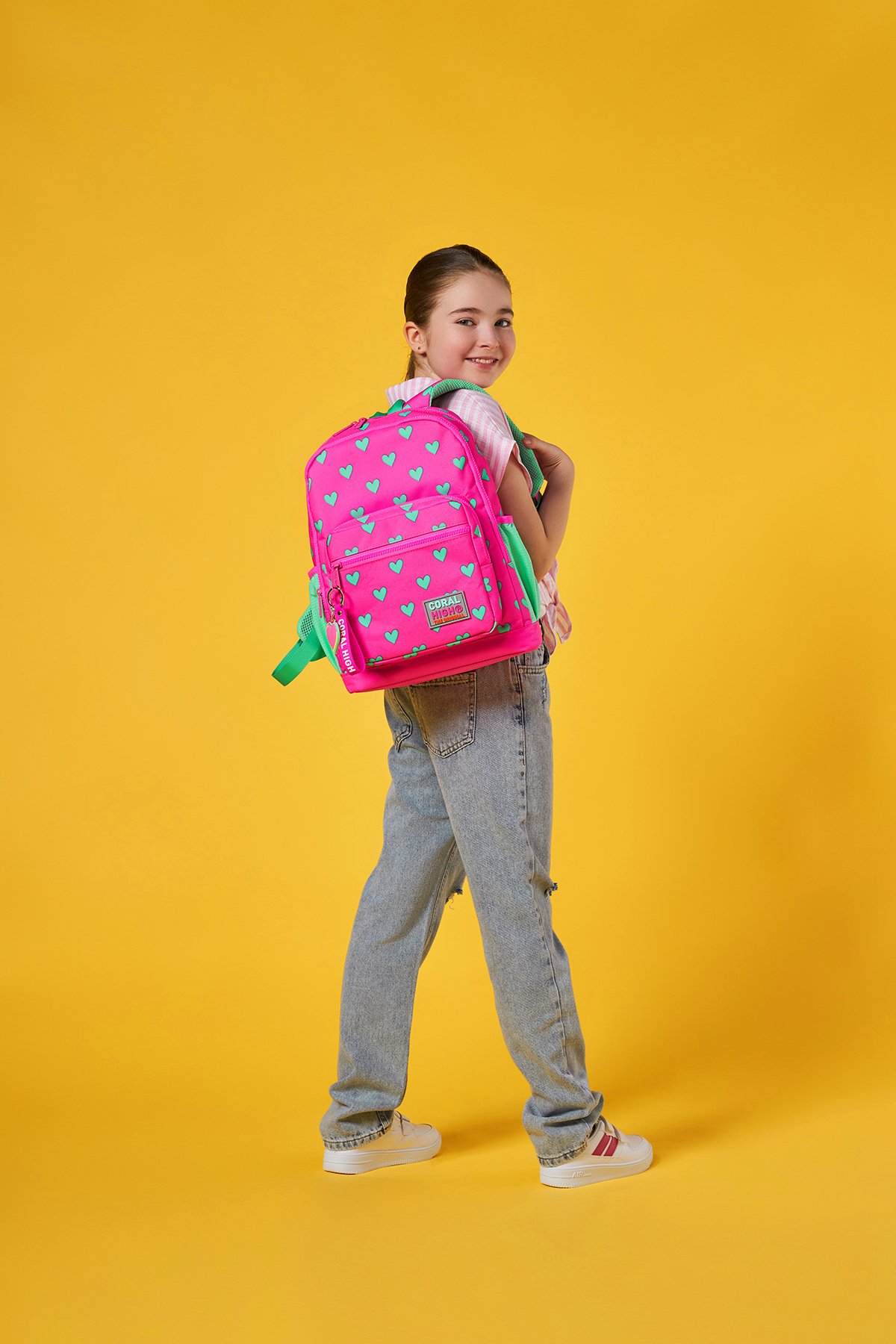 Coral High Kids Neon Pembe Su Yeşili Kalp Desenli Dört Bölmeli Okul Sırt Çantası 23113