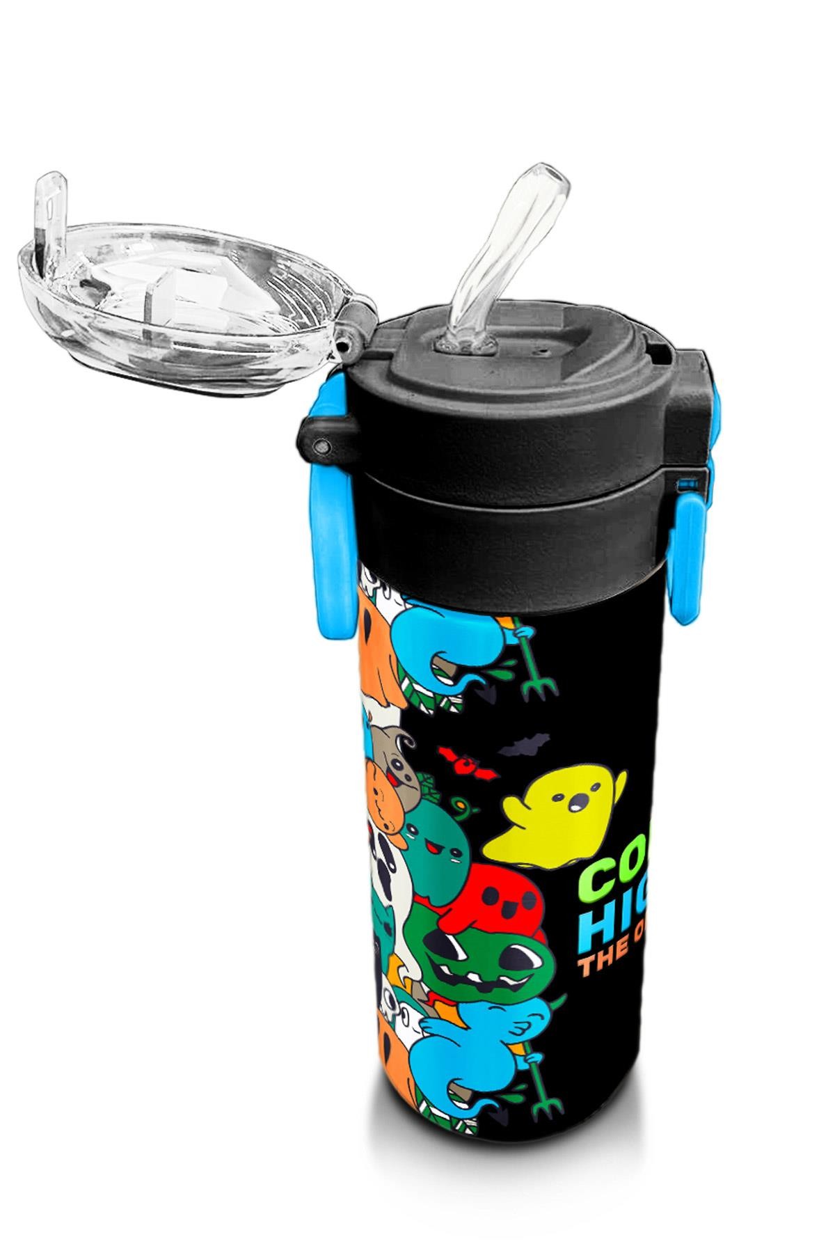 Coral High Kids Siyah Karikatür Çizgili Desenli Pipetli ve Direkt İçim Çelik Termos 500 ml 31990