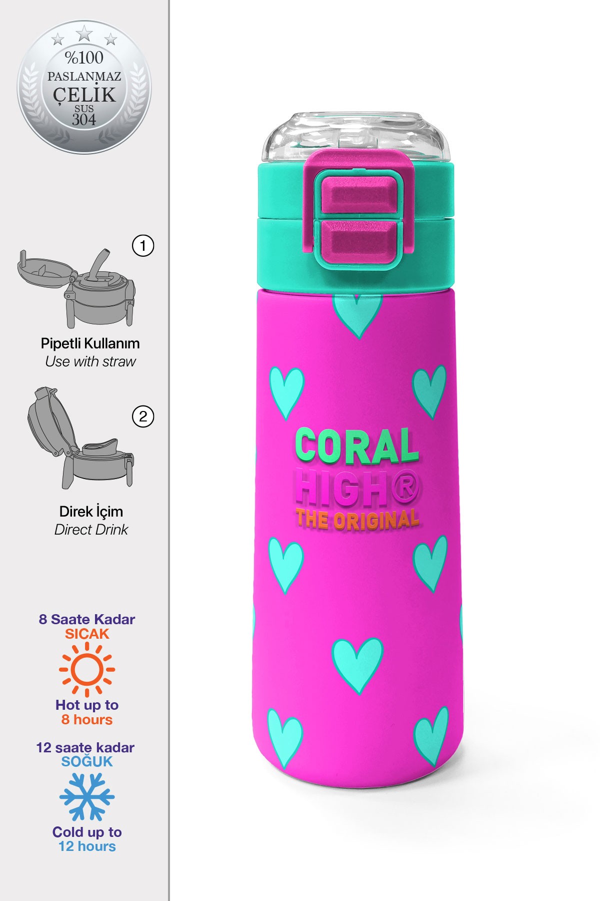 Coral High Kids Neon Pembe Su Yeşili Kalp Desenli Pipetli ve Direkt İçim Çelik Termos 500 ml 31906