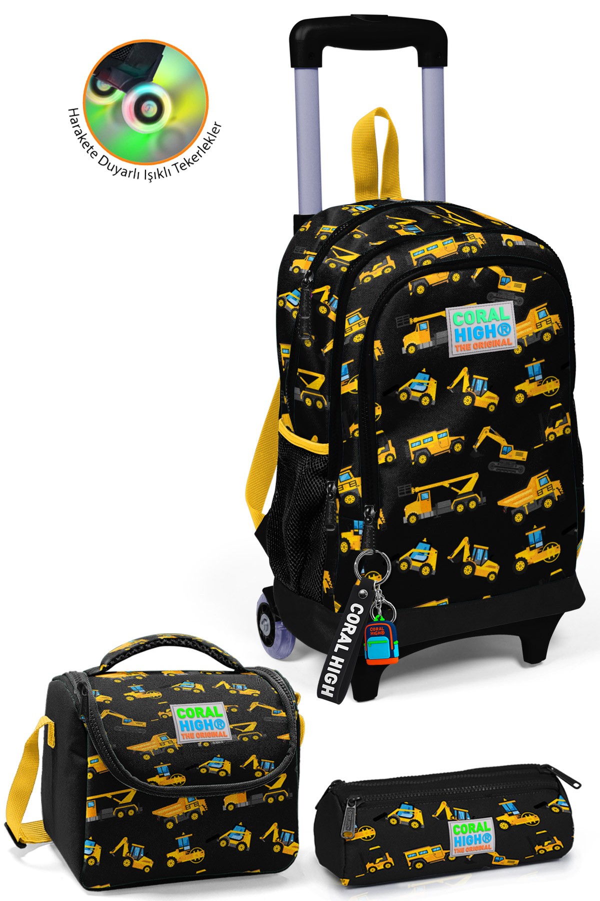 Coral High Kids Siyah Sarı İş Makinesi Desenli Çekçekli 3'lü Çanta Seti SET0123384