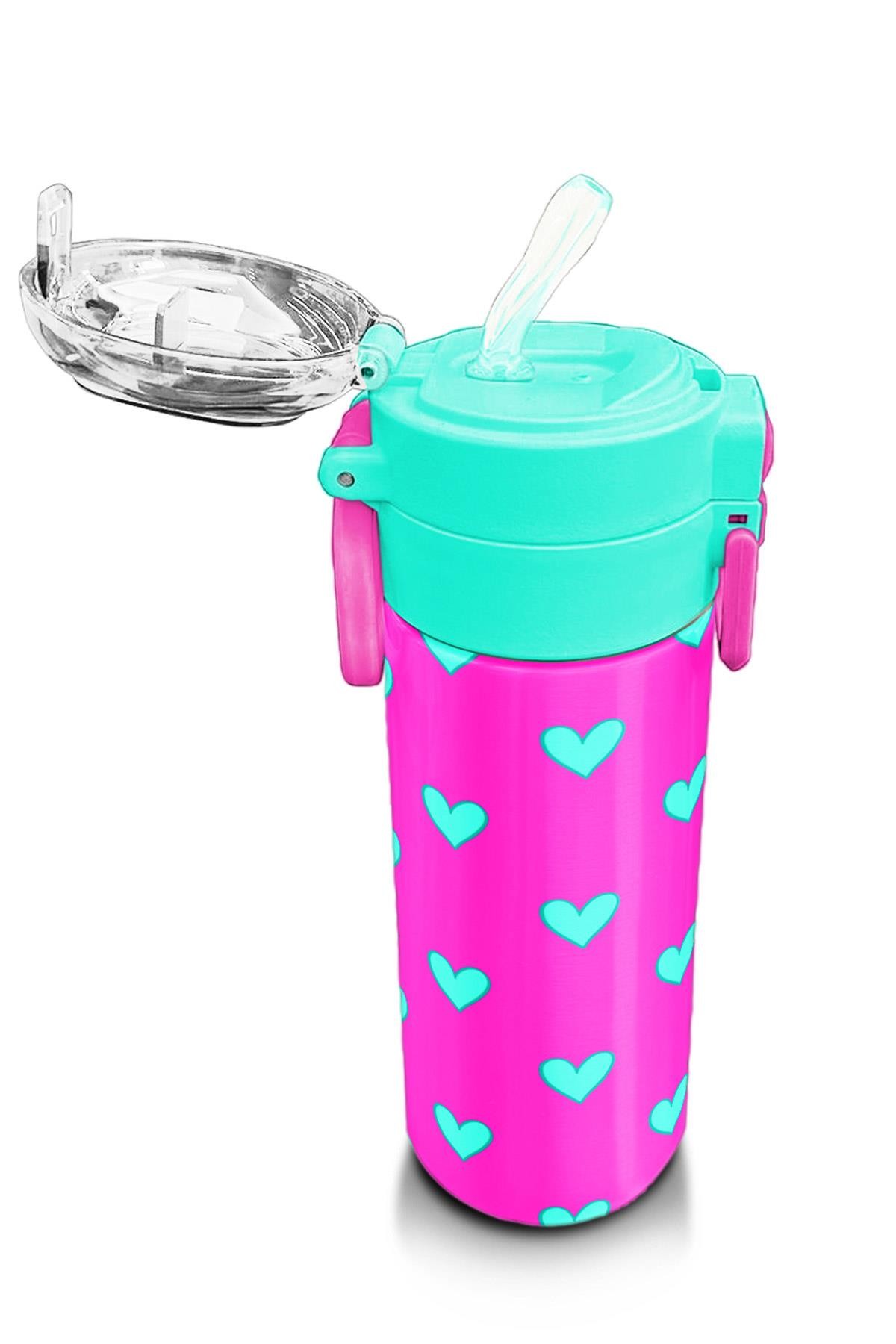 Coral High Kids Neon Pembe Su Yeşili Kalp Desenli Pipetli ve Direkt İçim Çelik Termos 500 ml 31906