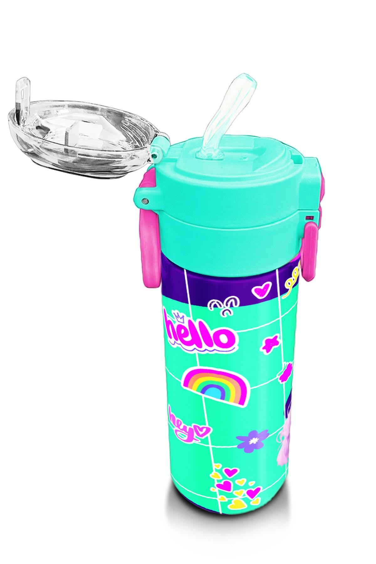 Coral High Kids Pembe Su Yeşili Flamingo Desenli Pipetli ve Direkt İçim Çelik Termos 500 ml 31811