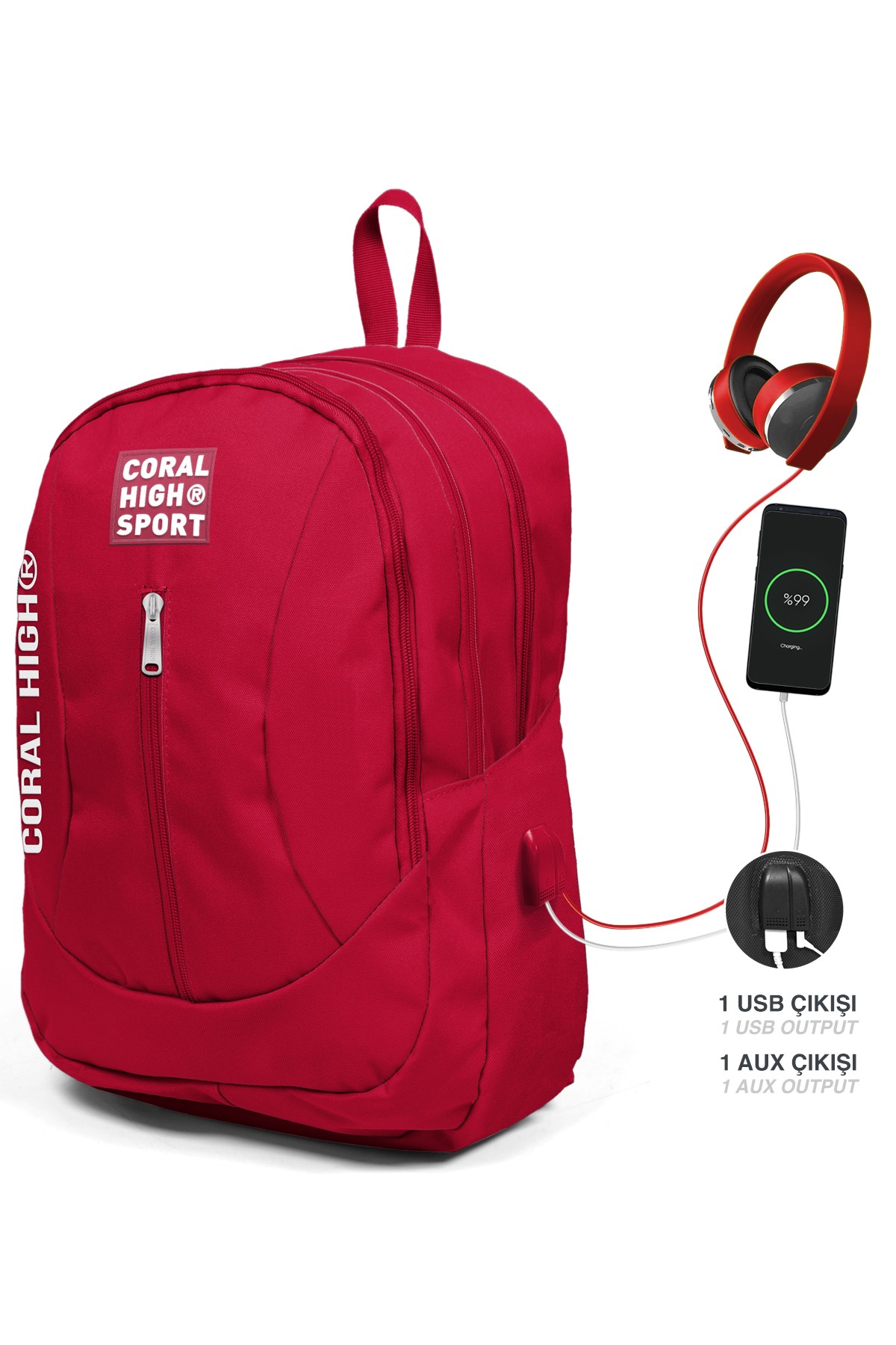 Coral High Sport Kırmızı USB Şarjlı Kulaklık Çıkışlı Dört Bölmeli Sırt Çantası 23451