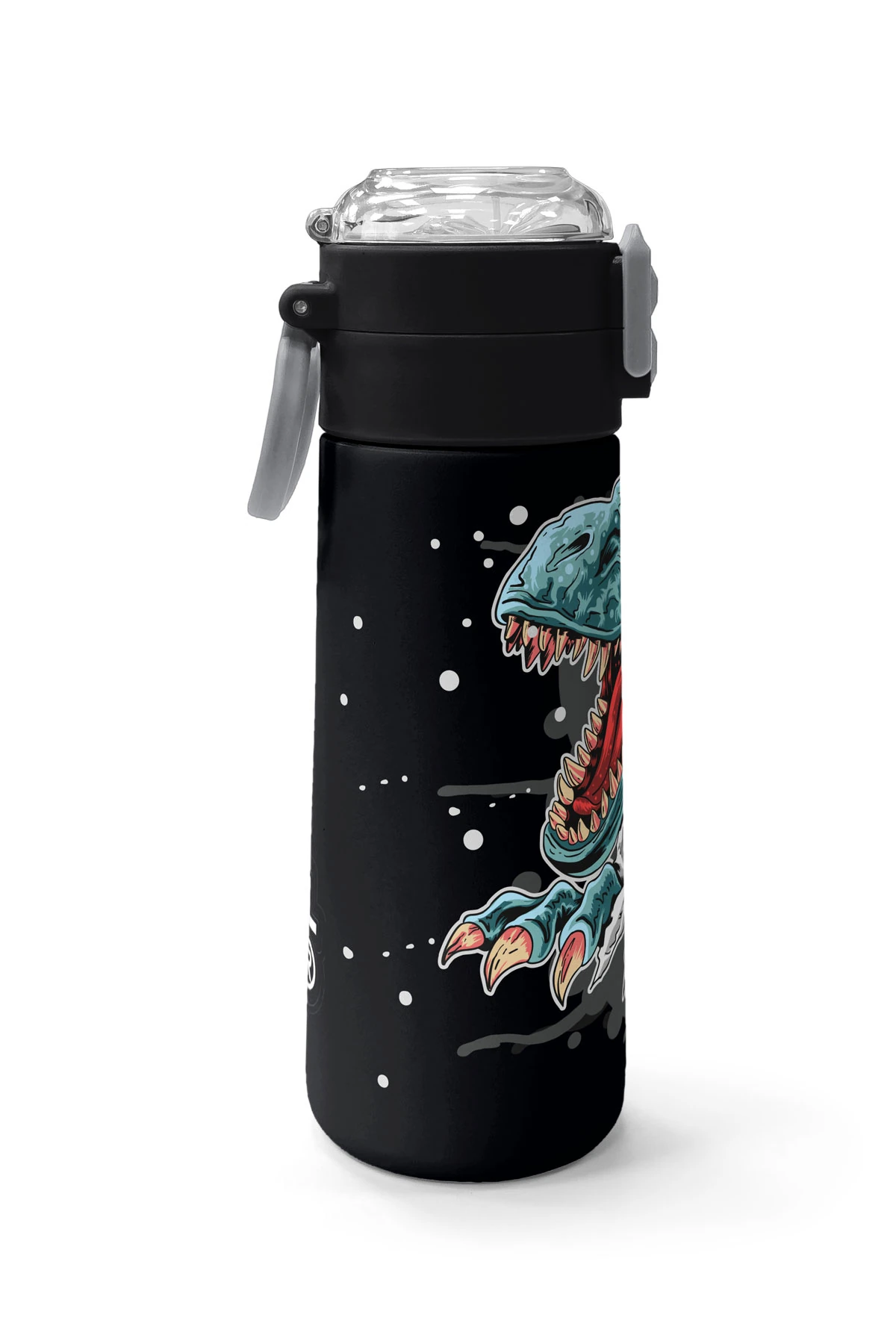 Coral High Kids Koyu Gri Siyah Dinozor Desenli Pipetli ve Direkt İçim Çelik Termos 500 ml 31822