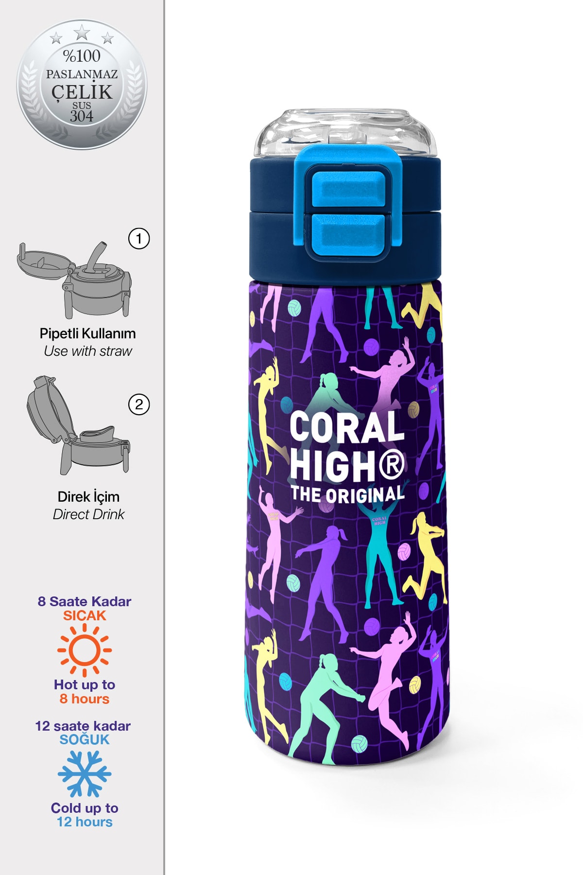 Coral High Kids Mor Voleybol Desenli Pipetli ve Direkt İçim Çelik Termos 500 ml 31849
