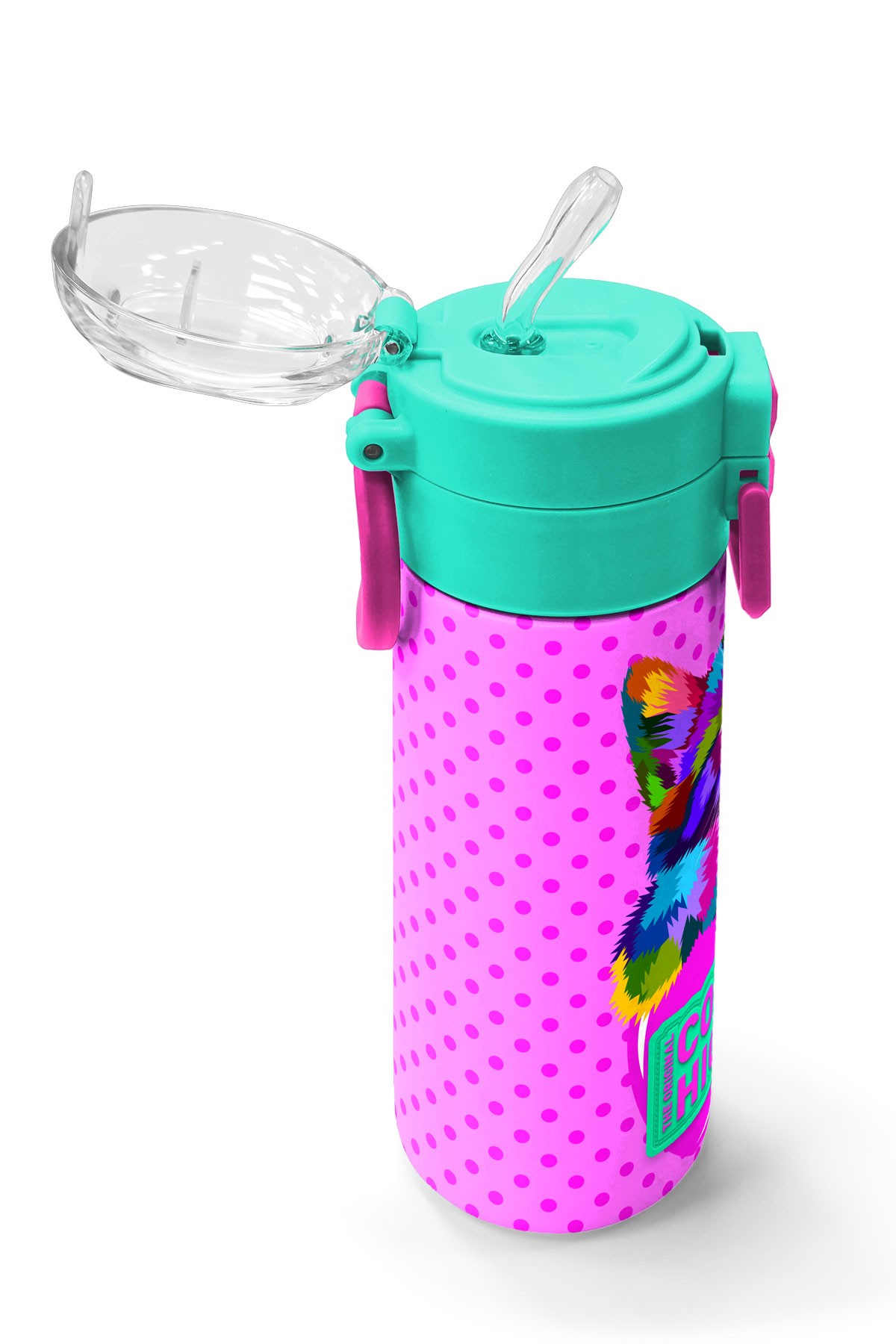 Coral High Kids Pembe Mavi Kedi Desenli Pipetli ve Direkt İçim Çelik Termos 500 ml 31842