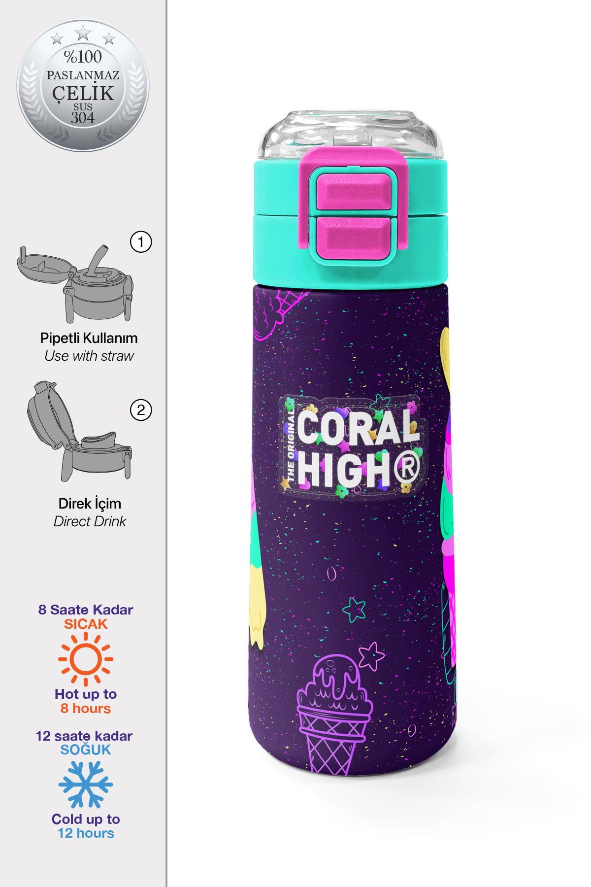 Coral High Kids Mor Pembe Dondurma Desenli Pipetli ve Direkt İçim Çelik Termos 500 ml 31980