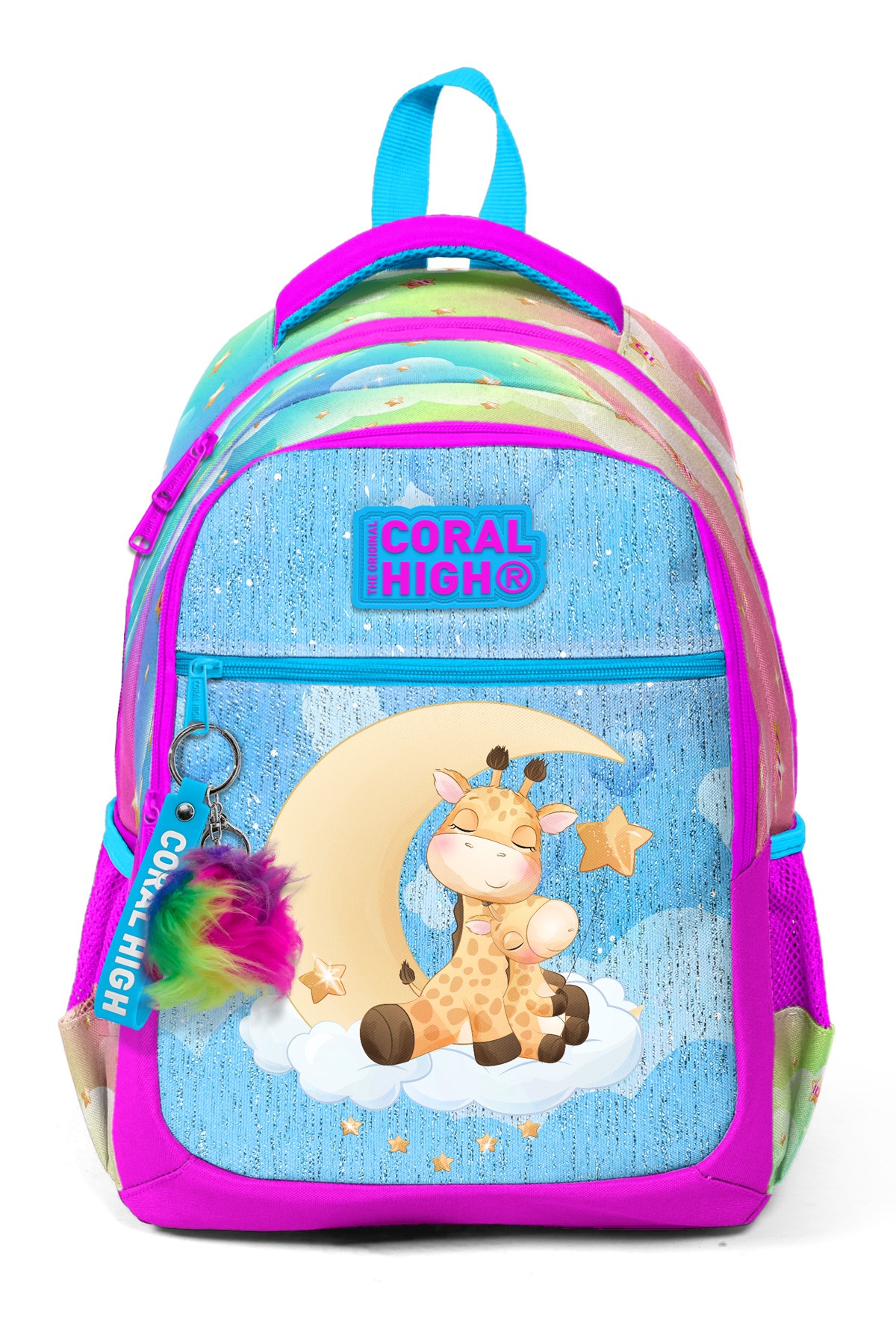 Coral High Kids Mavi Pembe Zürafa Desenli Üç Bölmeli Okul Sırt Çantası 23479