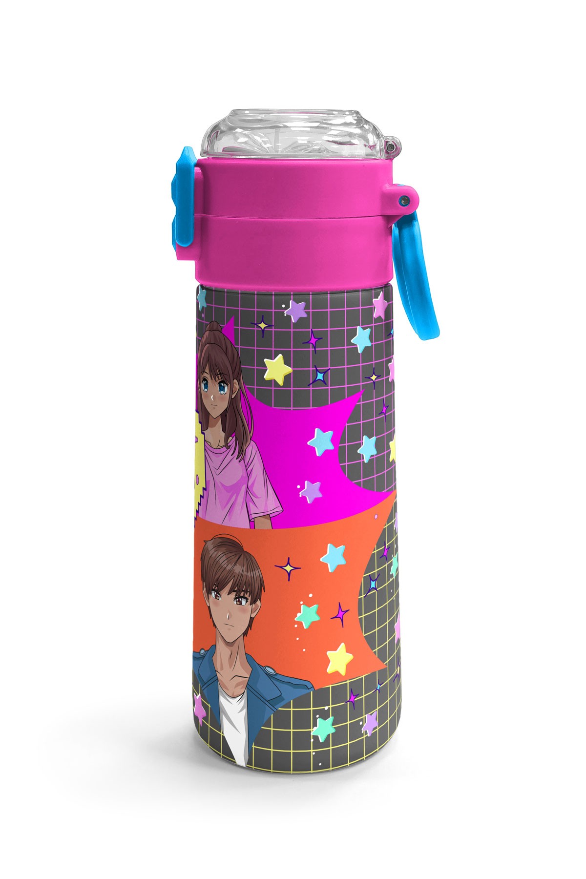Coral High Kids Gri Mavi Pembe Anime Desenli Pipetli ve Direkt İçim Çelik Termos 500 ml 31943