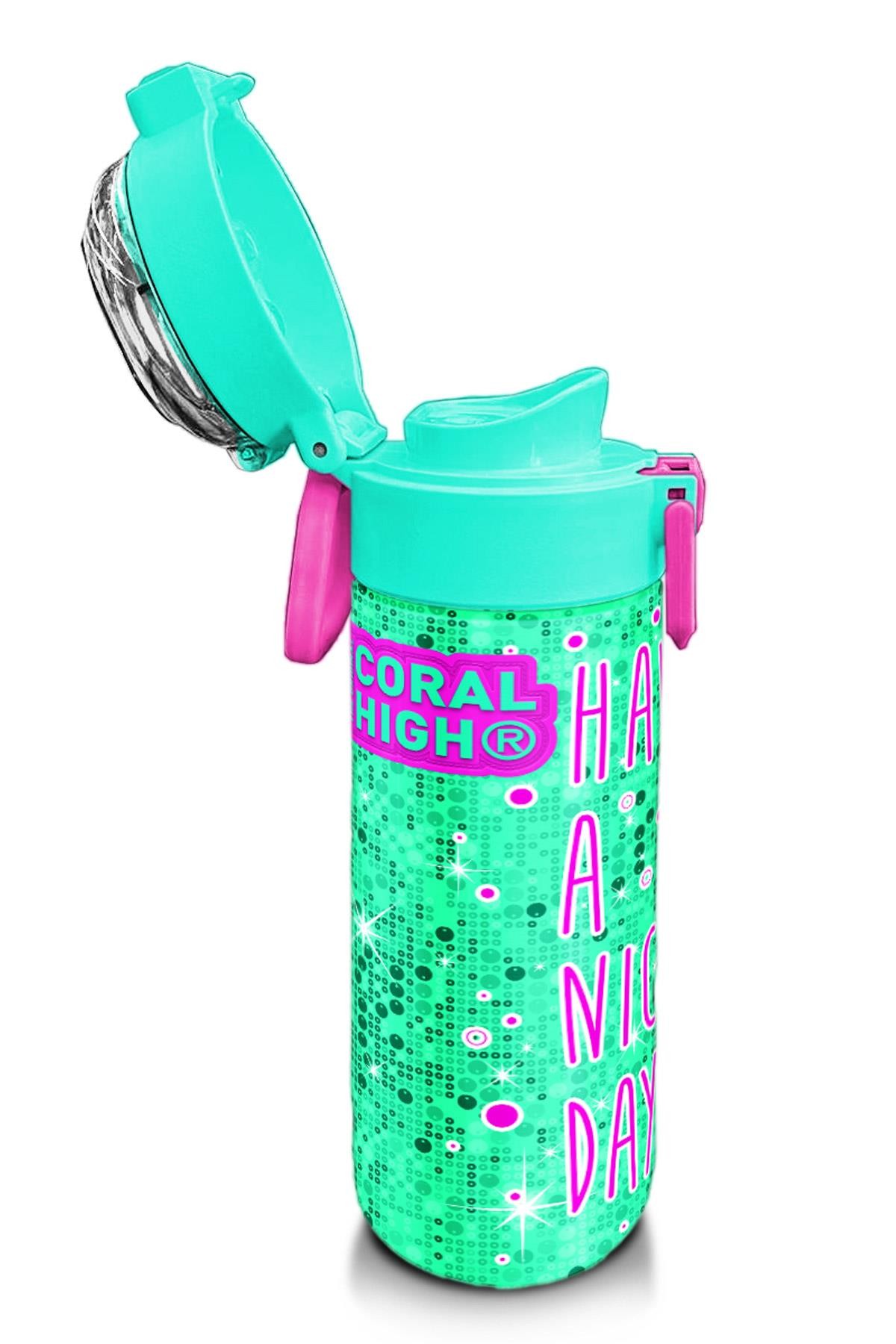 Coral High Kids Pembe Su Yeşili Kedi Desenli Pipetli ve Direkt İçim Çelik Termos 500 ml 31806