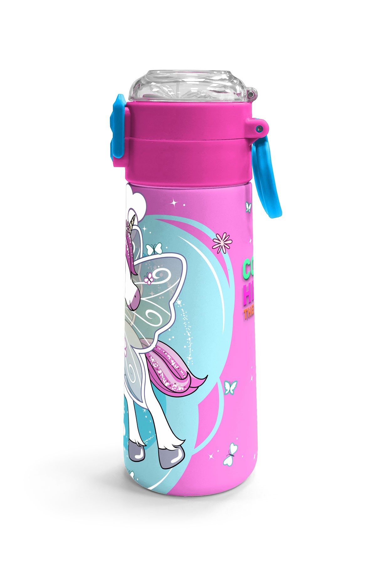 Coral High Kids Mavi Neon Pembe Unicorn Desenli Pipetli ve Direkt İçim Çelik Termos 500 ml 31925