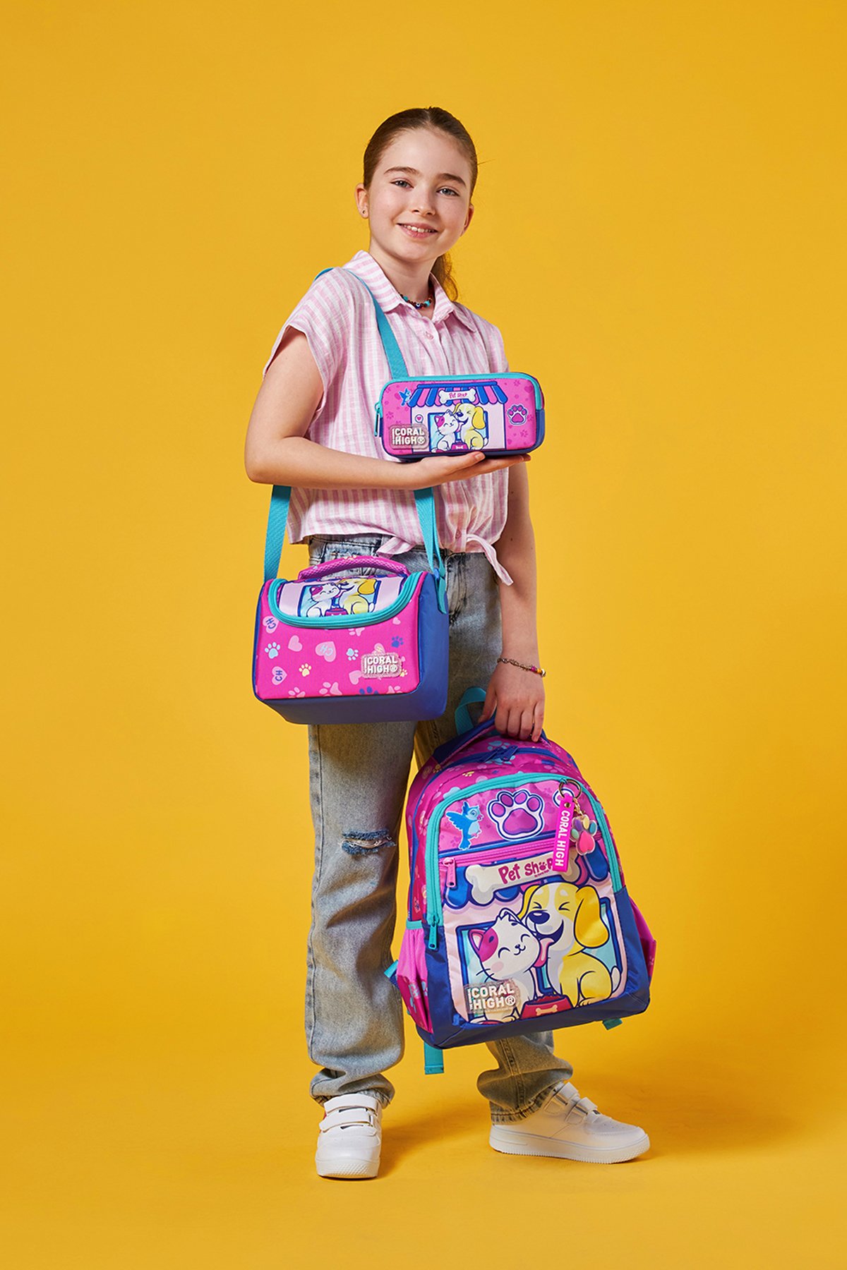 Coral High Kids Pembe Su Yeşili Flamingo Desenli 3’lü Okul Çanta Seti SET0123647