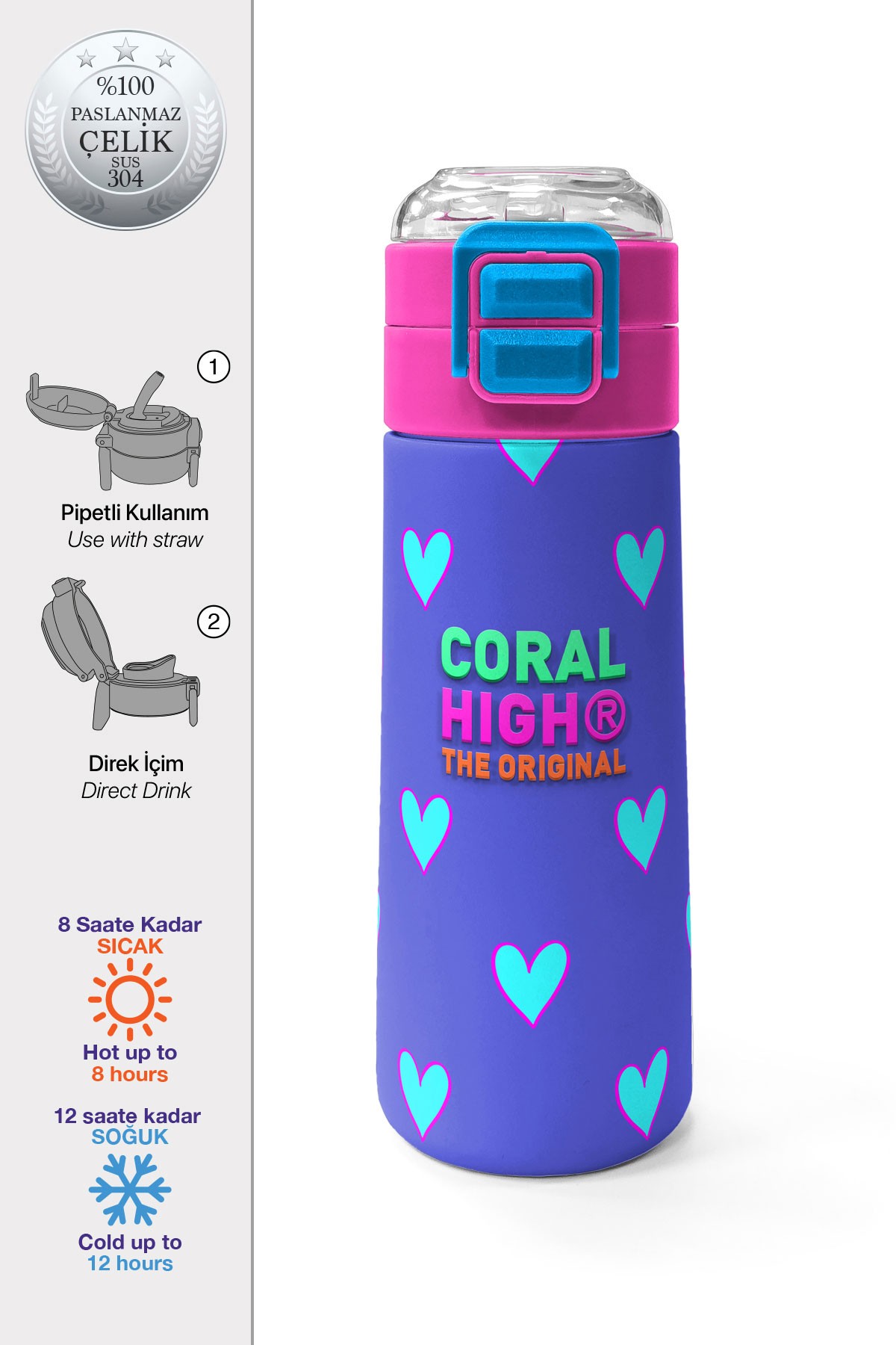 Coral High Kids Lavanta Pembe Kalp Desenli Pipetli ve Direkt İçim Çelik Termos 500 ml 31922