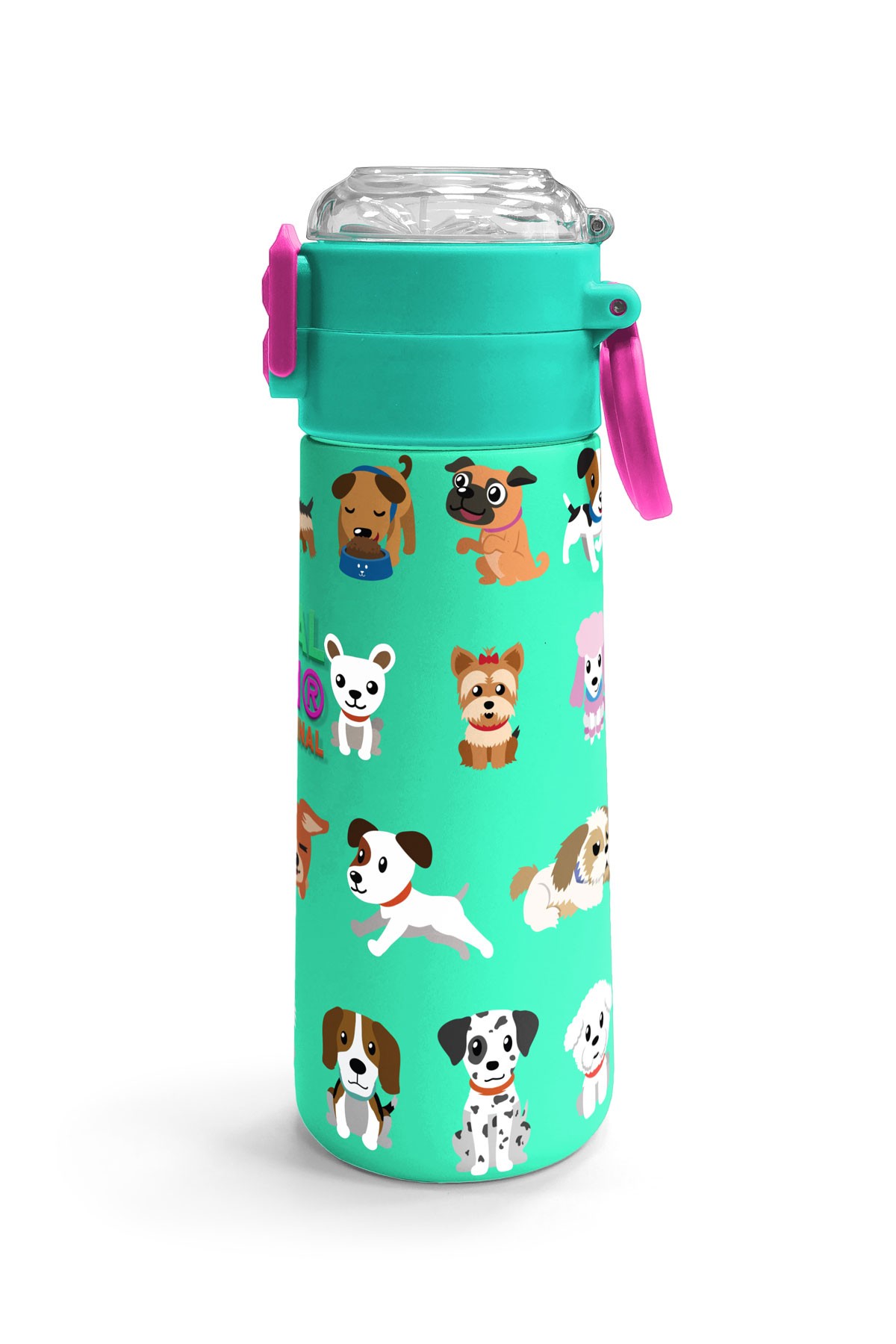 Coral High Kids Su Yeşili Neon Pembe Köpek Desenli Pipetli ve Direkt İçim Çelik Termos 500 ml 31913