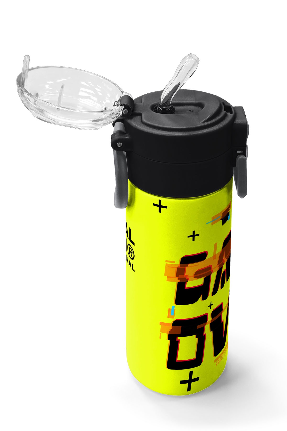 Coral High Kids Siyah Neon Sarı Game Over Desenli Pipetli ve Direkt İçim Çelik Termos 500 ml 31936