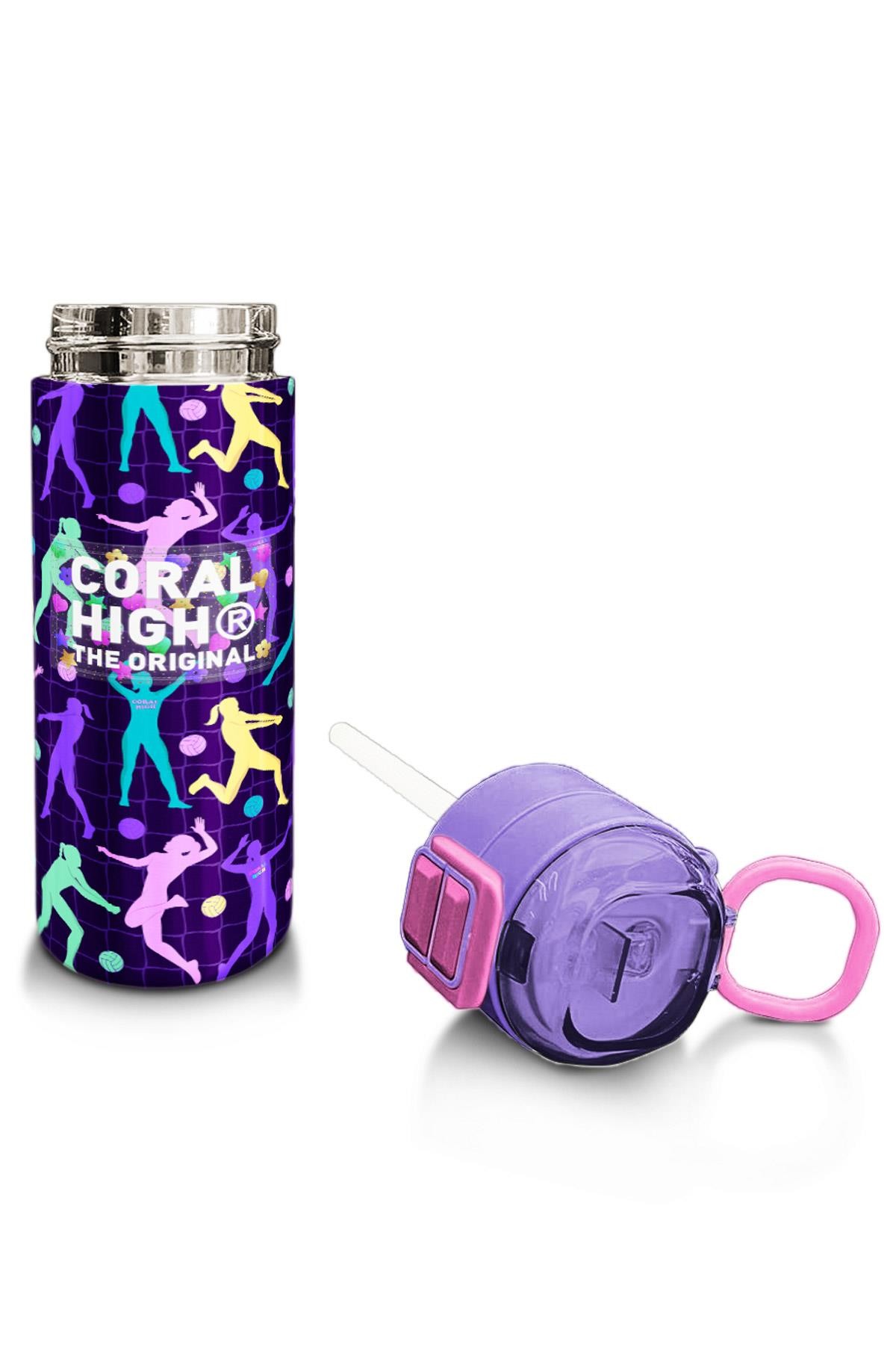 Coral High Kids Mor Voleybol Desenli Pipetli ve Direkt İçim Çelik Termos 500 ml 31849