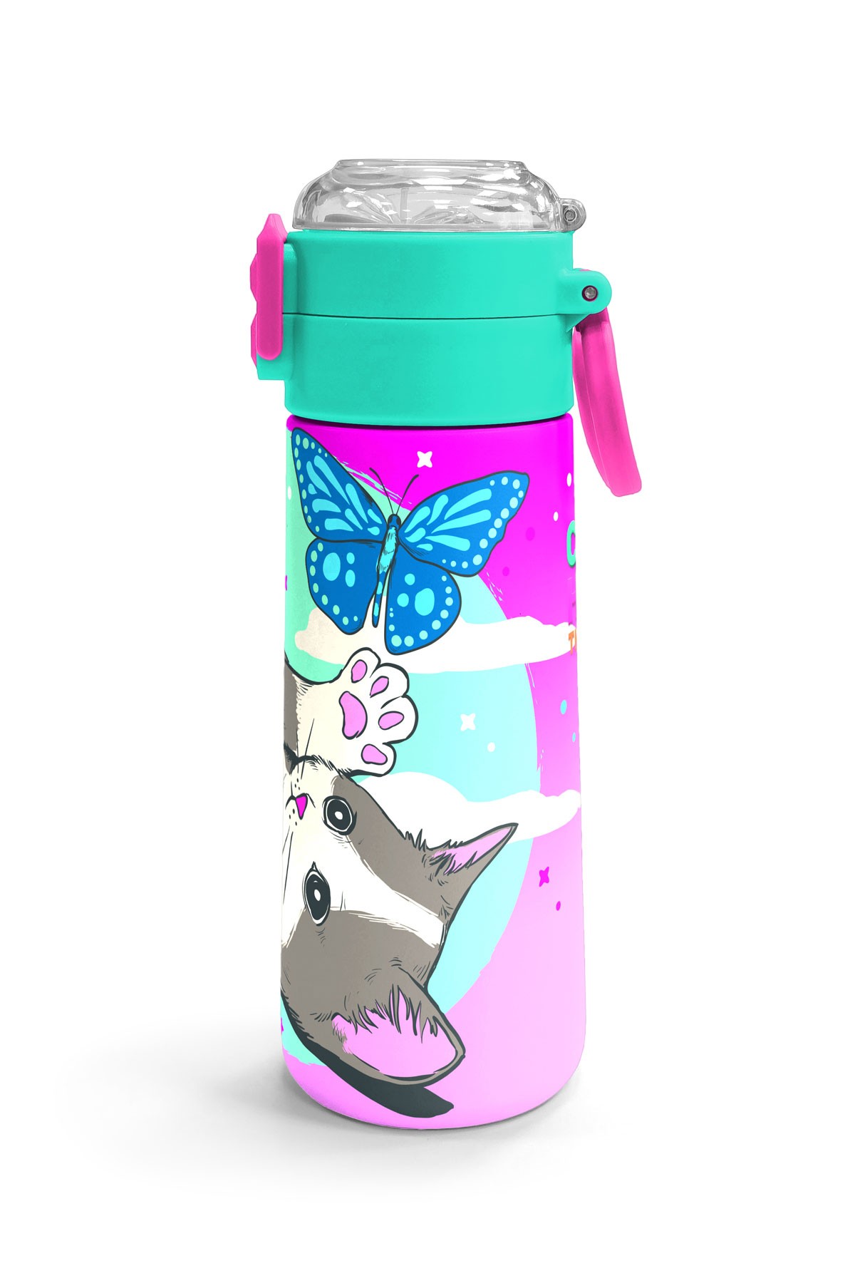 Coral High Kids Su Yeşili Pembe Kedi Desenli Pipetli ve Direkt İçim Çelik Termos 500 ml 31796