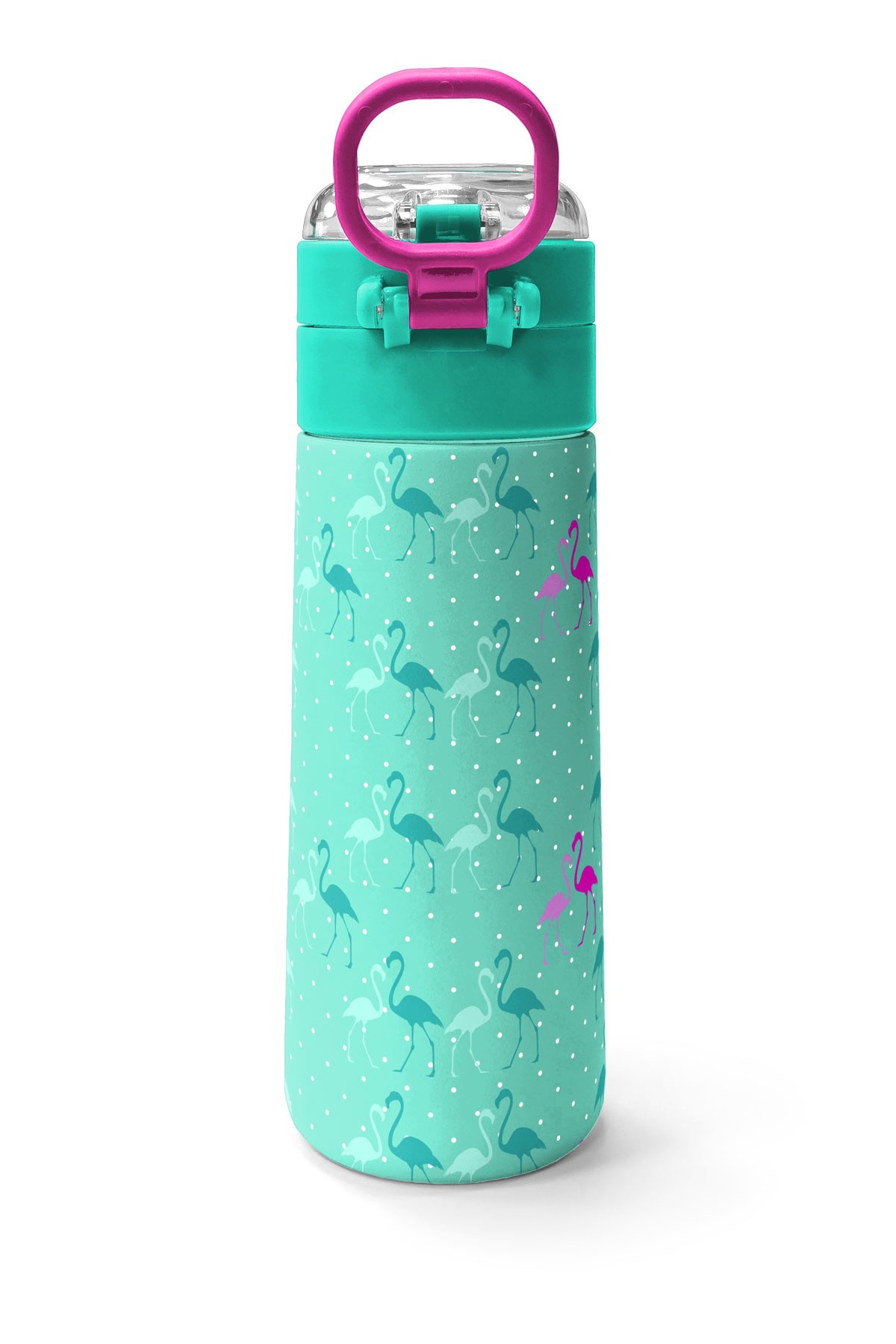 Coral High Kids Su Yeşili Neon Pembe Flamingo Desenli Pipetli ve Direkt İçim Çelik Termos 500 ml 31904