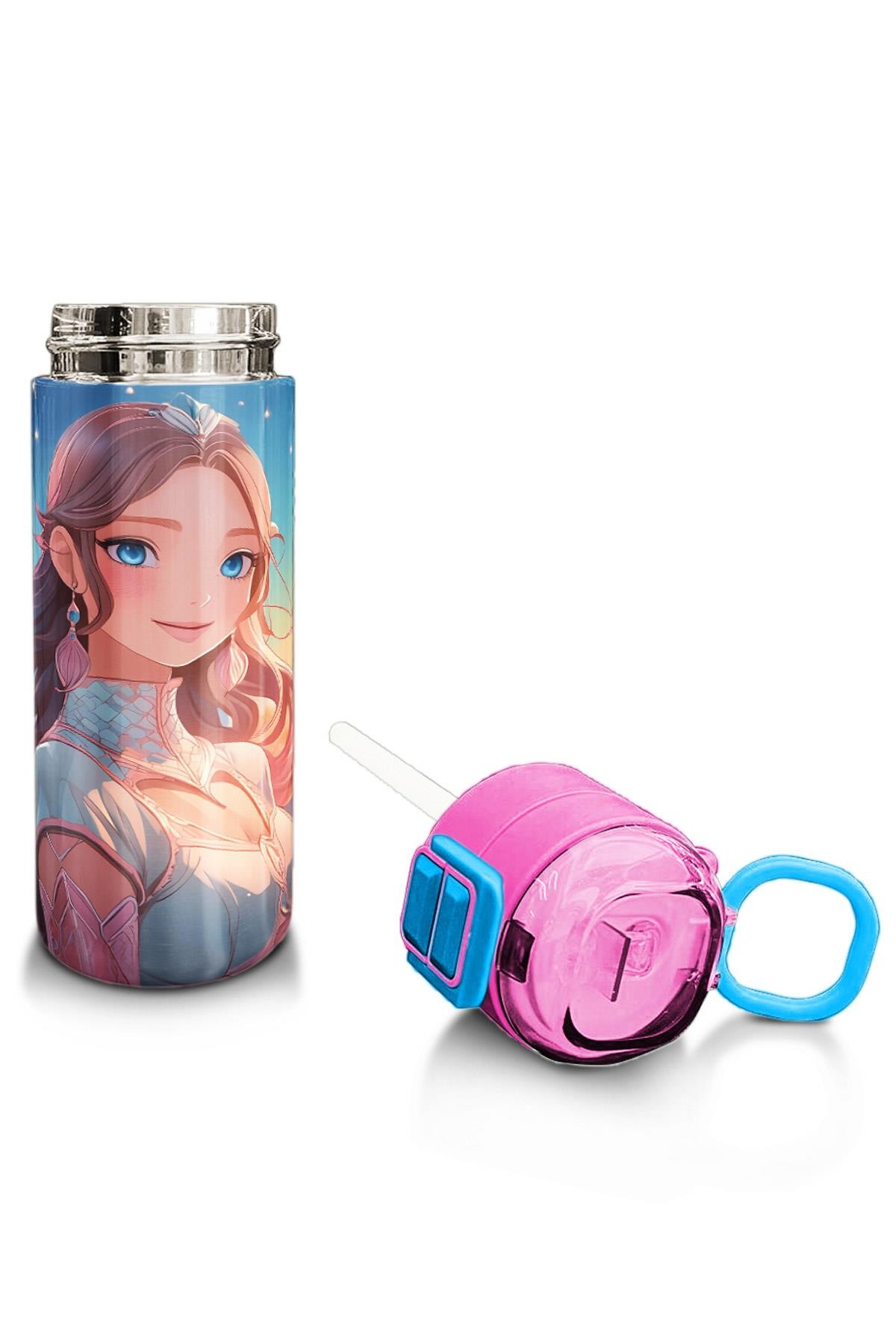 Coral High Kids Turkuaz Pembe Anime Kız Desenli Pipetli ve Direkt İçim Çelik Termos 500 ml 31858