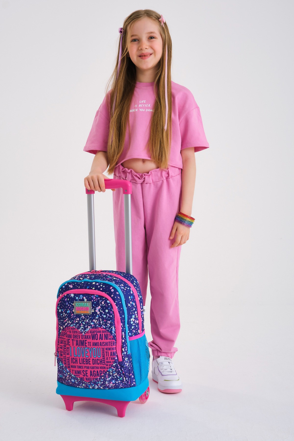 Coral High Kids Mor Mavi Pembe Kalp Desenli Üç Bölmeli Çekçekli Okul Sırt Çantası 23940