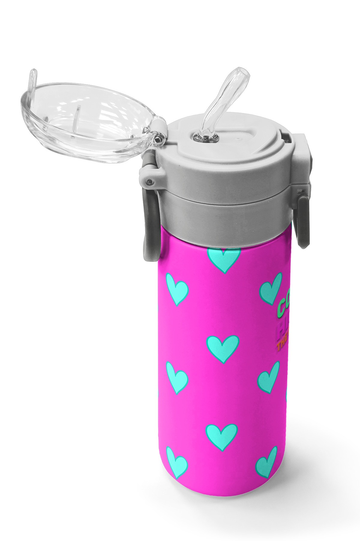 Coral High Kids Neon Pembe Su Yeşili Kalp Desenli Pipetli ve Direkt İçim Çelik Termos 500 ml 31906
