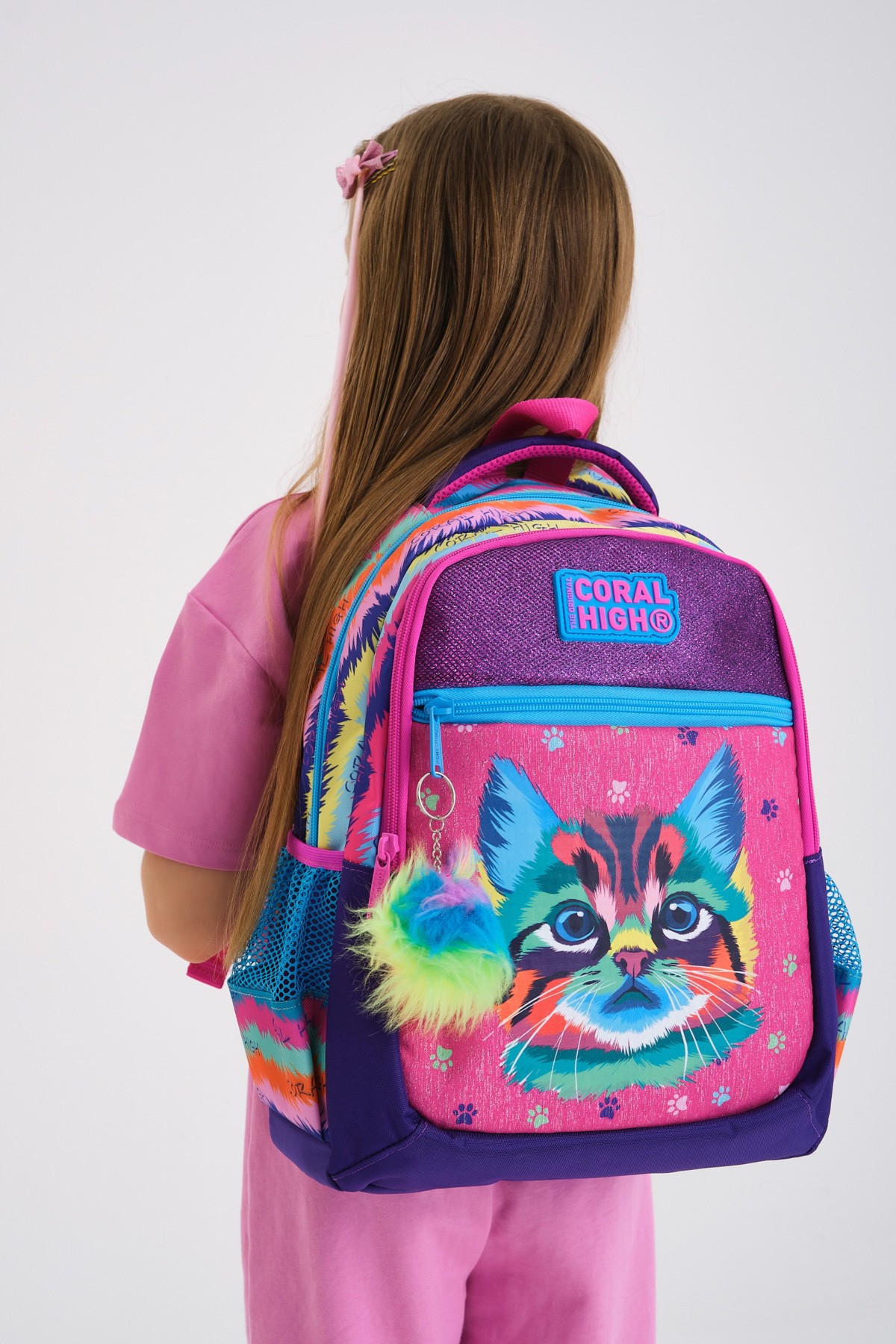 Coral High Kıds Mor Pembe Kedi Desenli Üç Bölmeli Okul Sırt Çantası 23477