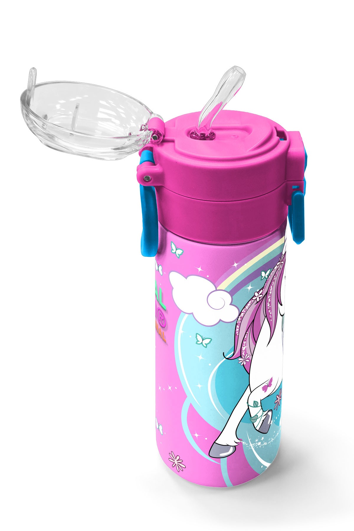 Coral High Kids Mavi Neon Pembe Unicorn Desenli Pipetli ve Direkt İçim Çelik Termos 500 ml 31925