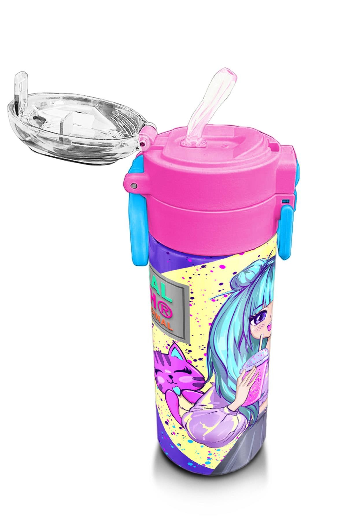 Coral High Kids Mor Pembe Anime Kız Desenli Pipetli ve Direkt İçim Çelik Termos 500 ml 31942