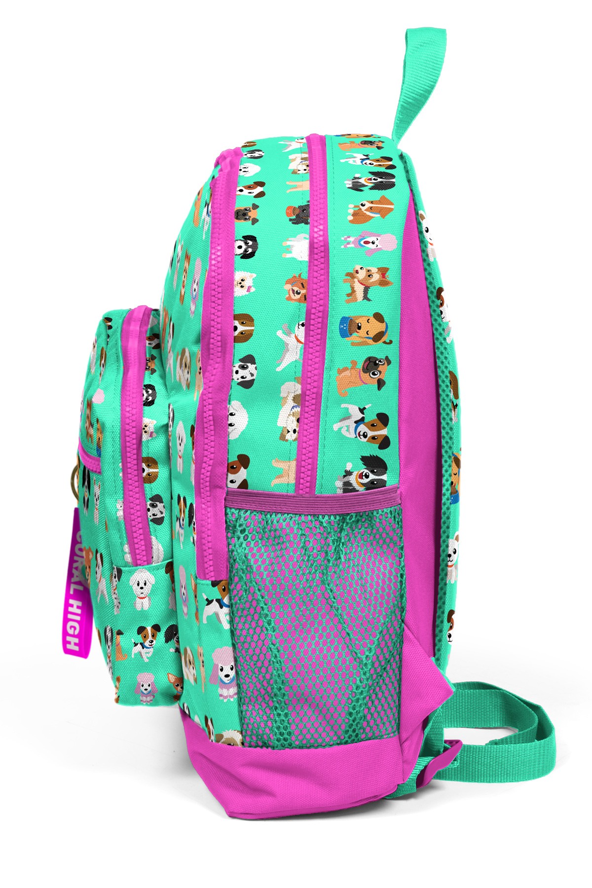 Coral High Kids Su Yeşili Neon Pembe Köpek Desenli Dört Bölmeli Okul Sırt Çantası 23465