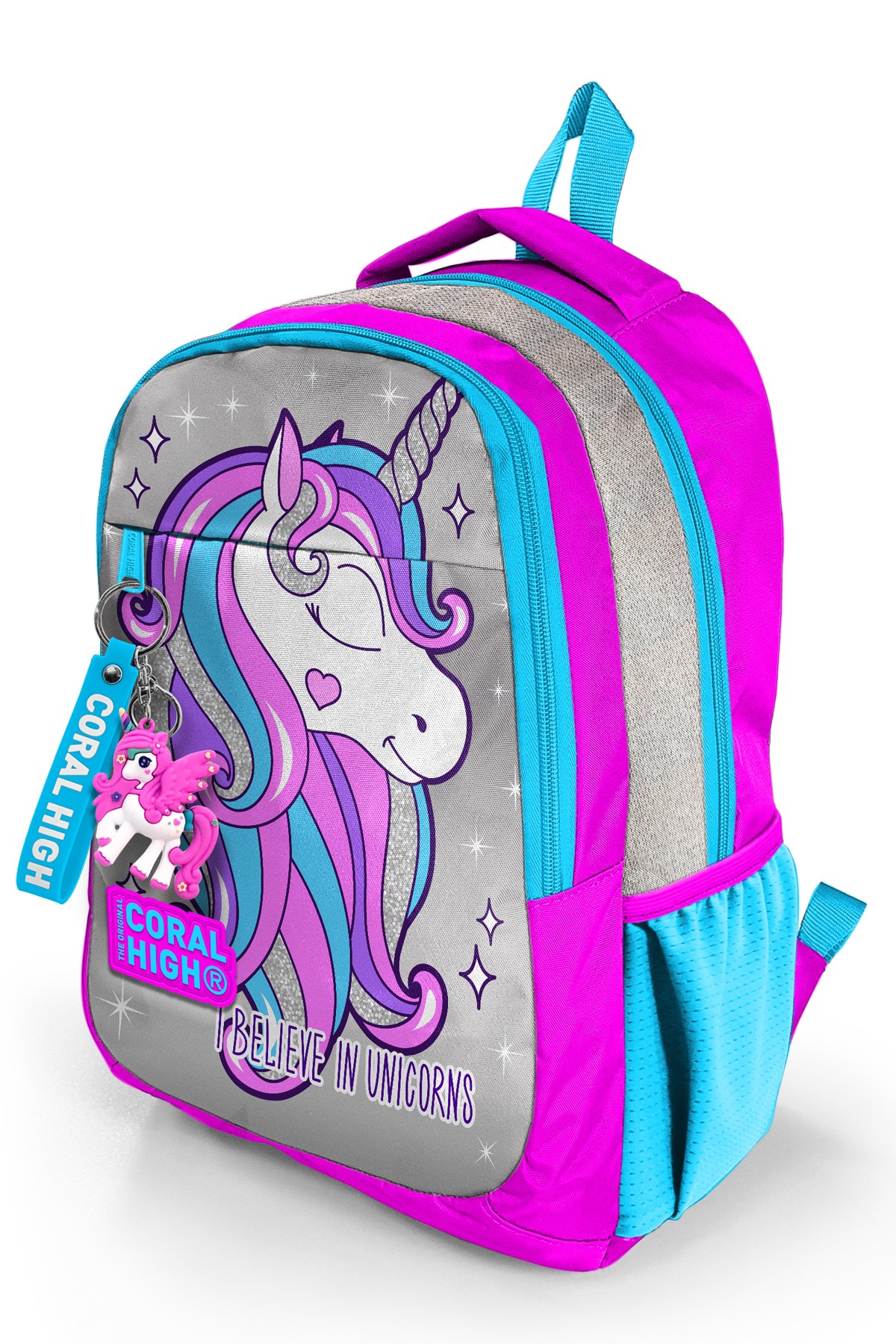 Coral High Kids Pembe Gümüş Simli Unicorn Desenli Üç Bölmeli  Okul Sırt Çantası 14383