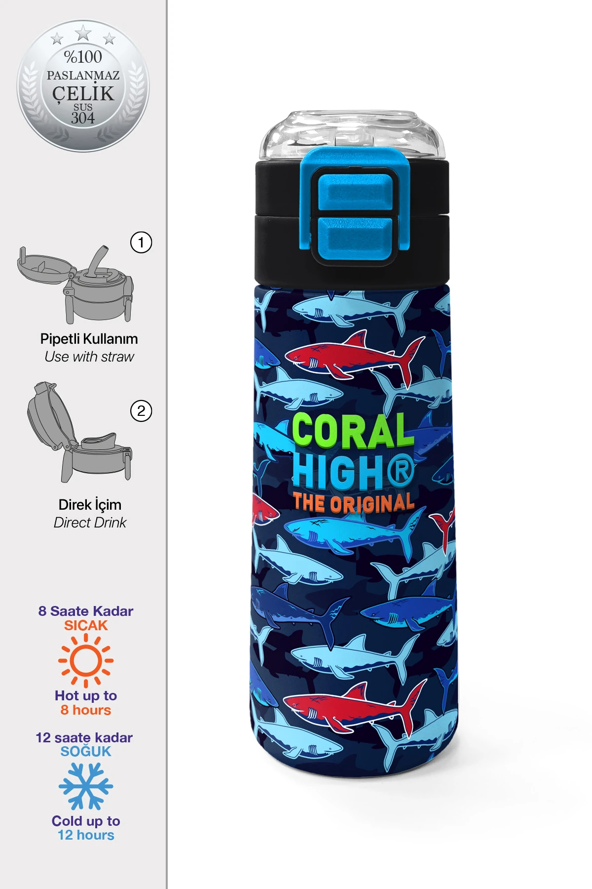 Coral High Kids Lacivert Kırmızı Köpek Balığı Desenli Pipetl