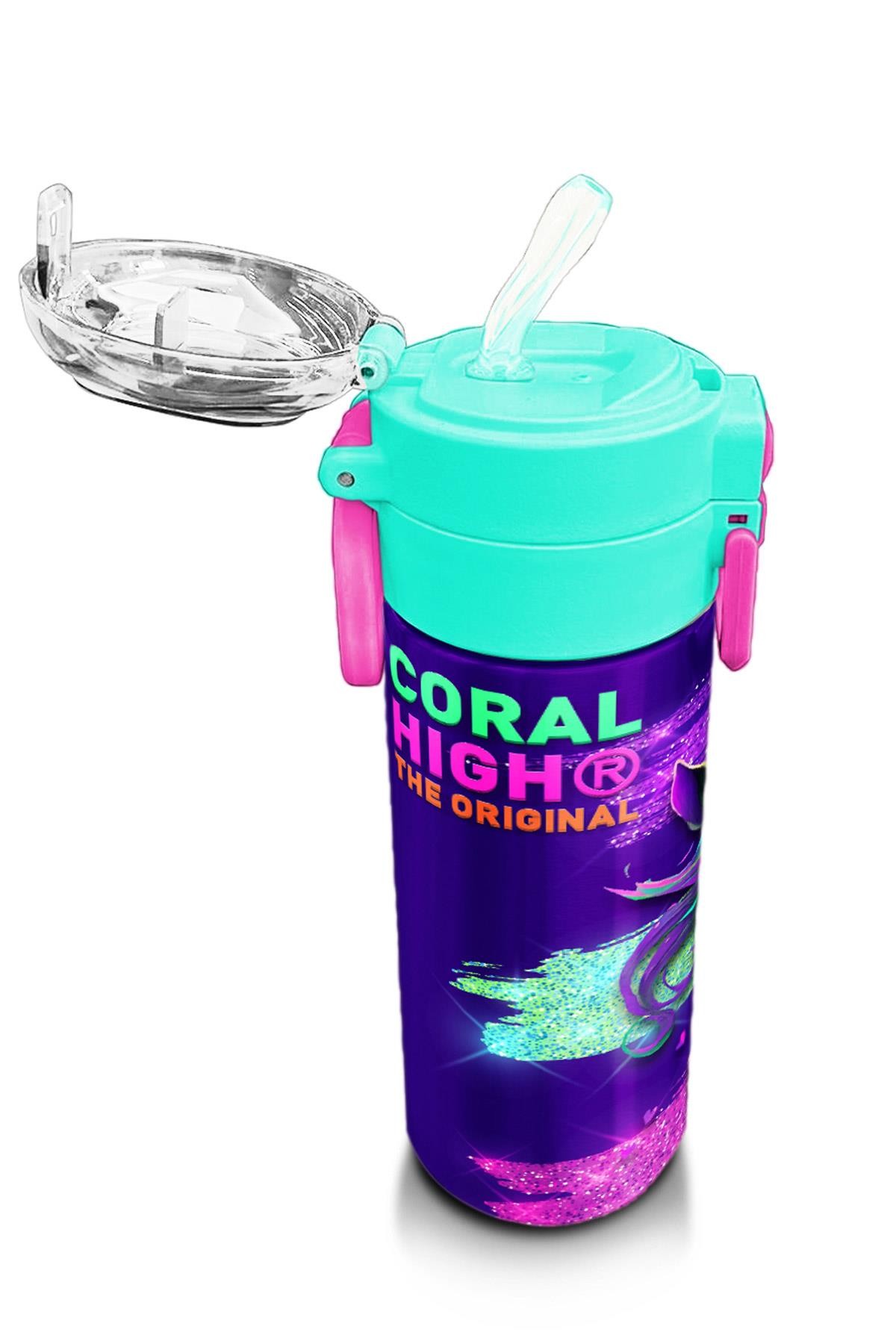 Coral High Kids Pembe Su Yeşili Unicorn Desenli Pipetli ve Direkt İçim Çelik Termos 500 ml 31959