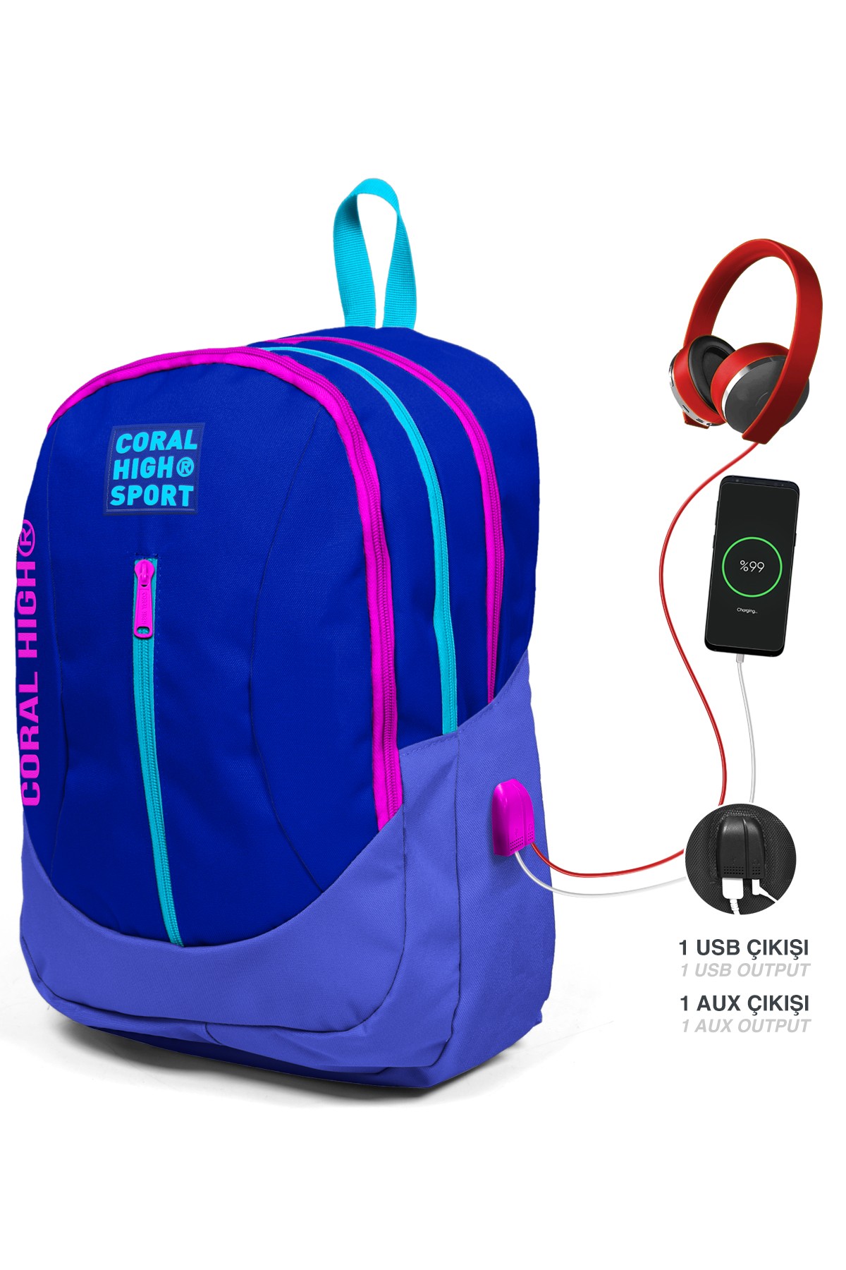 Coral High Sport Saks Lavanta USB Şarjlı Kulaklık Çıkışlı Dört Bölmeli Sırt Çantası 23449