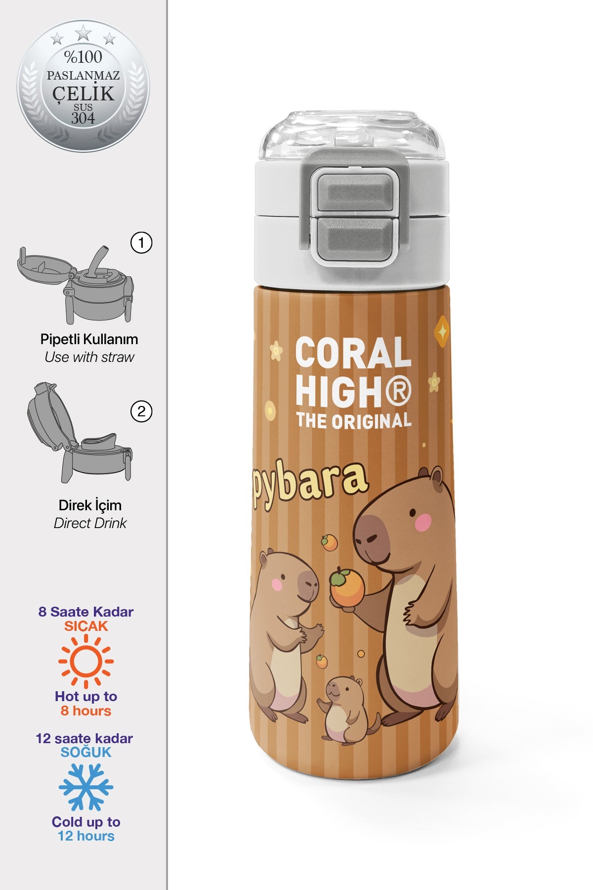 Coral High Kids Kapibara Desenli Pipetli ve Direkt İçim Çelik Termos 500 ml 31790