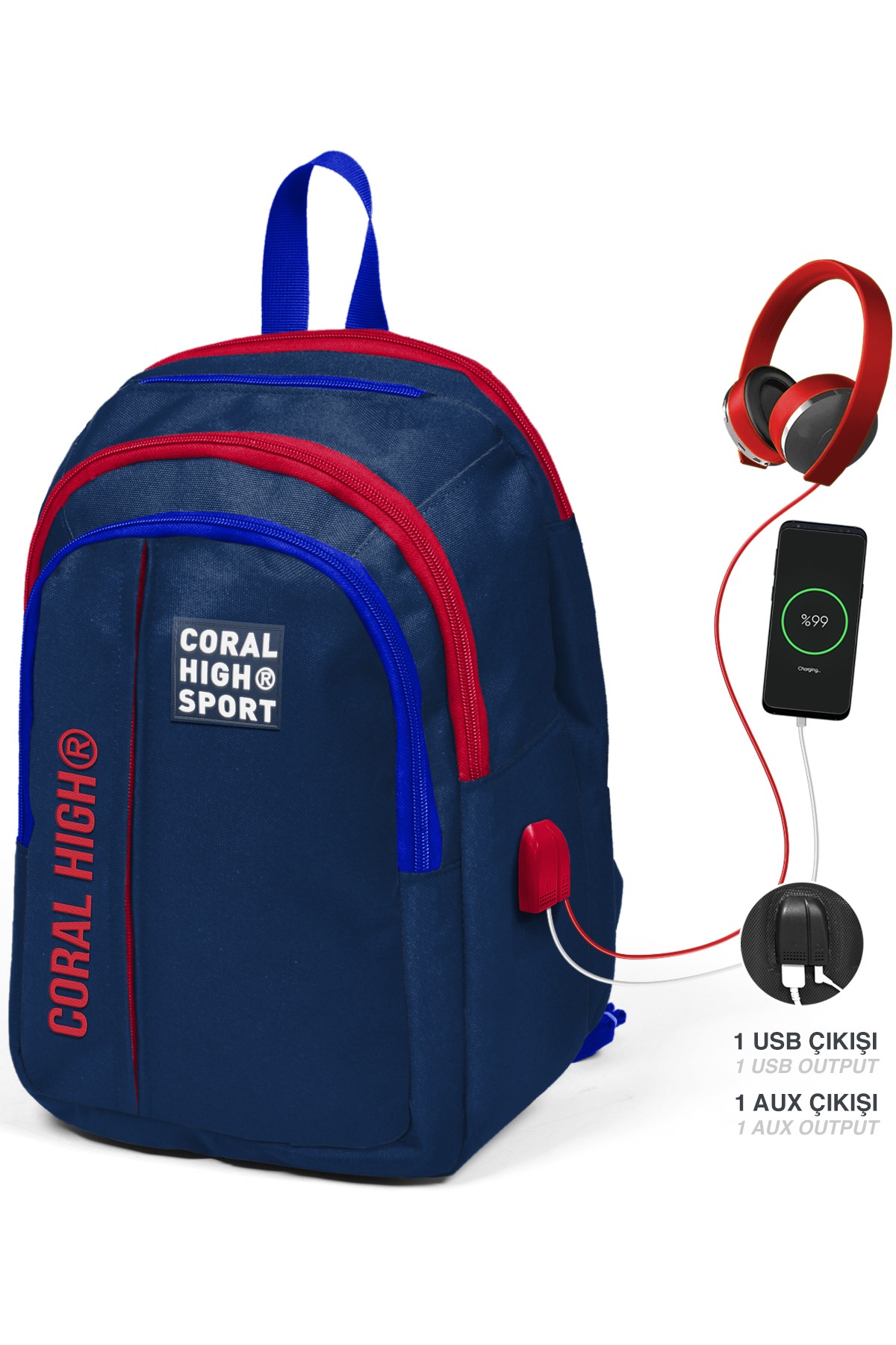 Coral High Sport Lacivert Kırmızı Beş Bölmeli USB Şarjlı Kulaklık Çıkışlı Sırt Çantası 23242