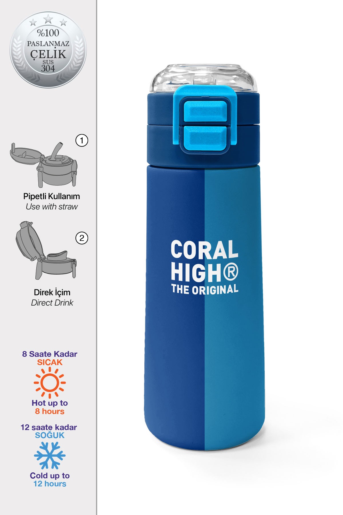 Coral High Kids Lacivert Mavi Çizgili Pipetli ve Direkt İçim Çelik Termos 500 ml 31997