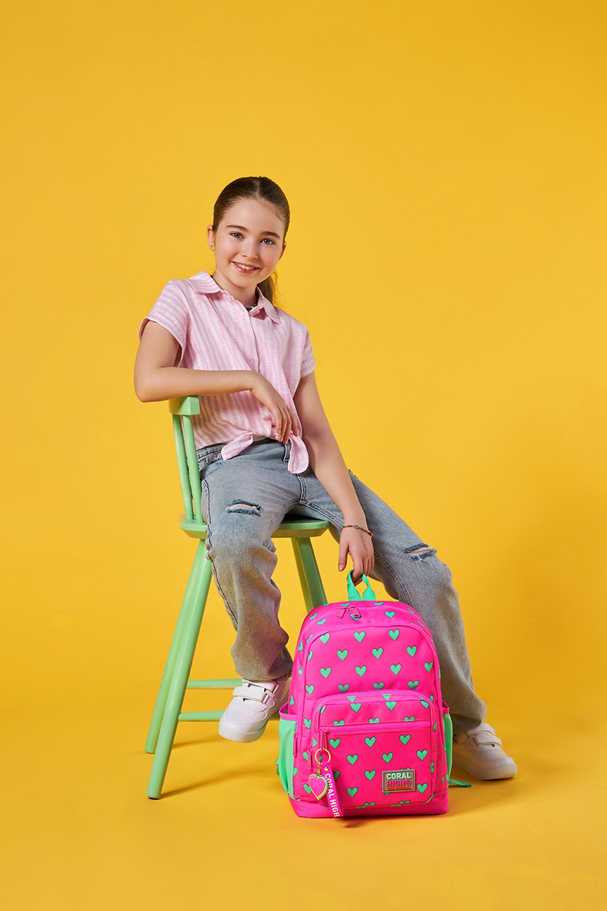 Coral High Kids Neon Pembe Su Yeşili Kalp Desenli Dört Bölmeli Okul Sırt Çantası 23113