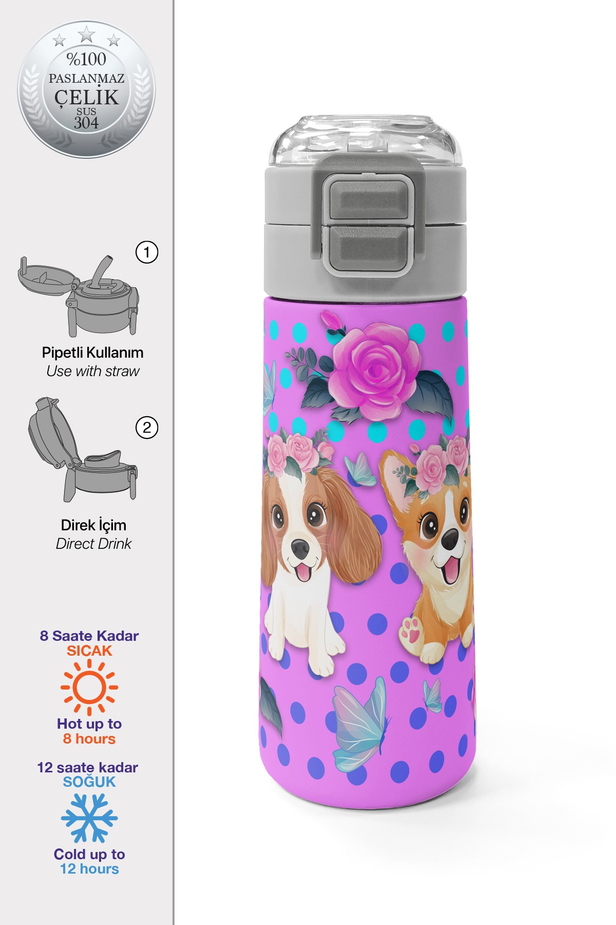 Coral High Kids Pembe Köpek Desenli Pipetli ve Direkt İçim Çelik Termos 500 ml 31951