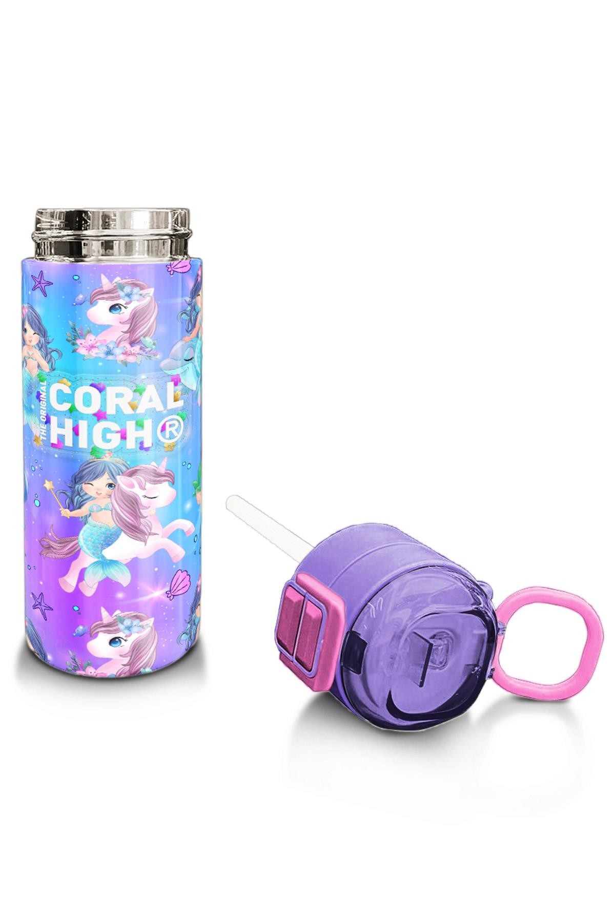 Coral High Kids Mor Pembe Unicorn Deniz Kızı Desenli Pipetli ve Direkt İçim Çelik Termos 500 ml 31982