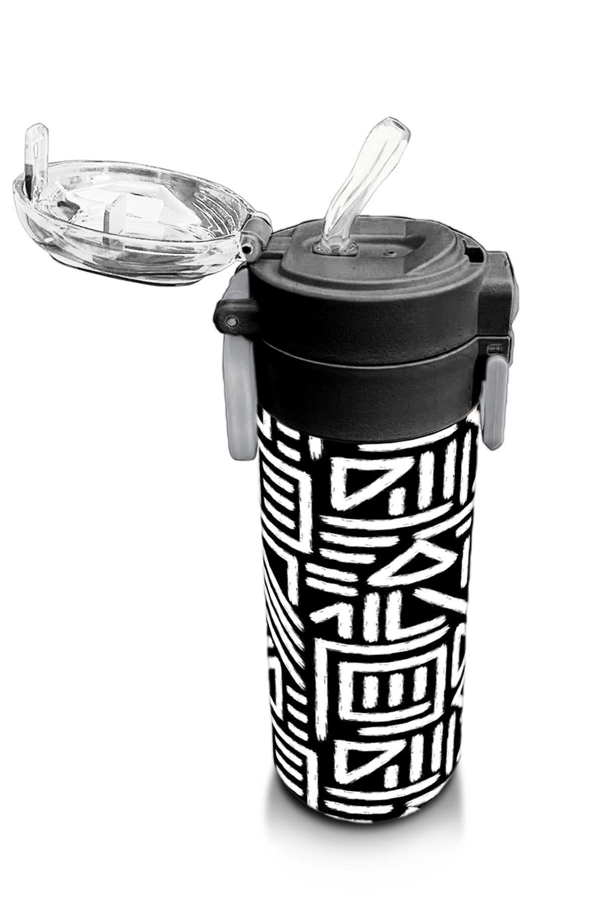 Coral High Kids Siyah Beyaz Geometrik Desenli Pipetli ve Direkt İçim Çelik Termos 500 ml 31882
