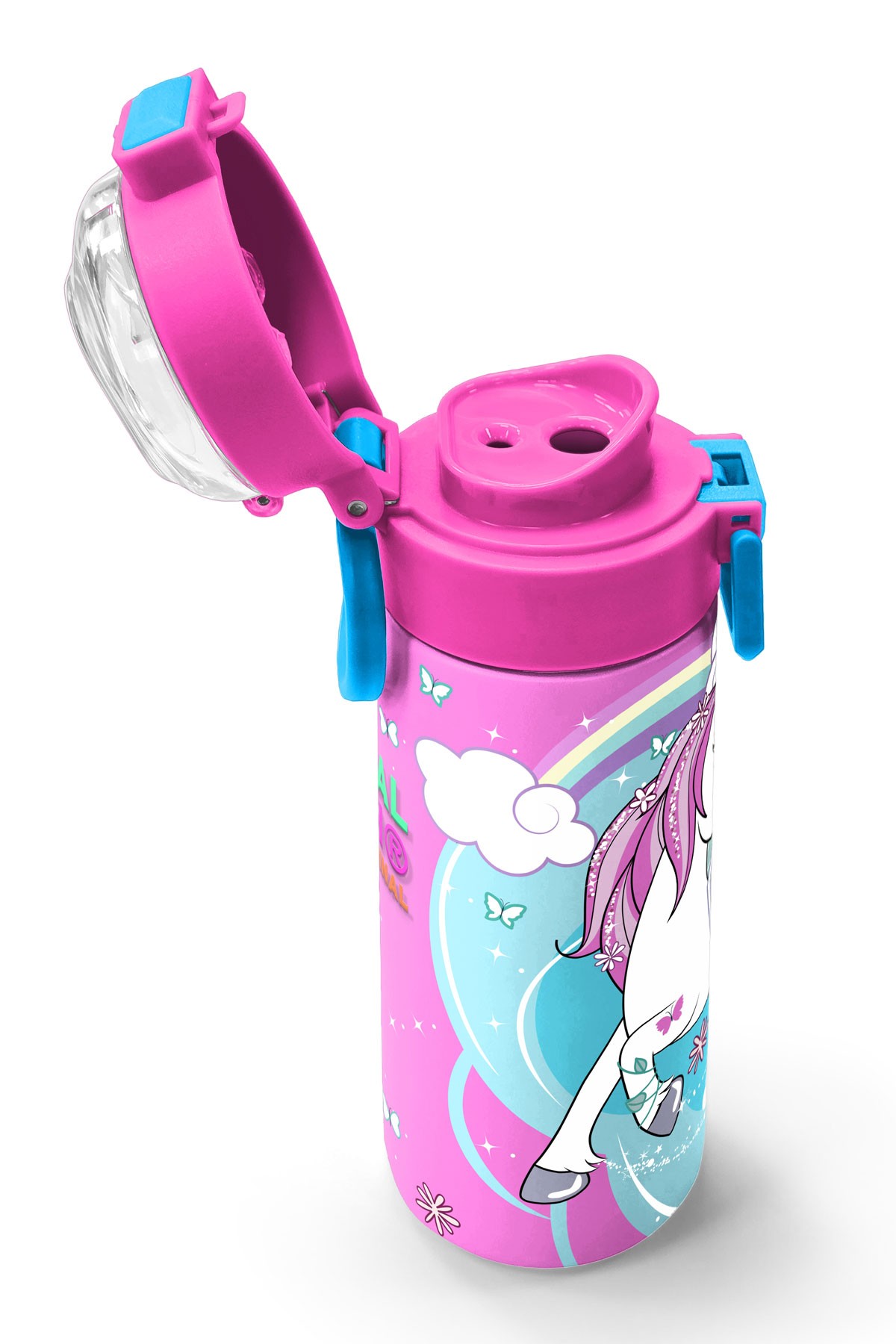 Coral High Kids Mavi Neon Pembe Unicorn Desenli Pipetli ve Direkt İçim Çelik Termos 500 ml 31925