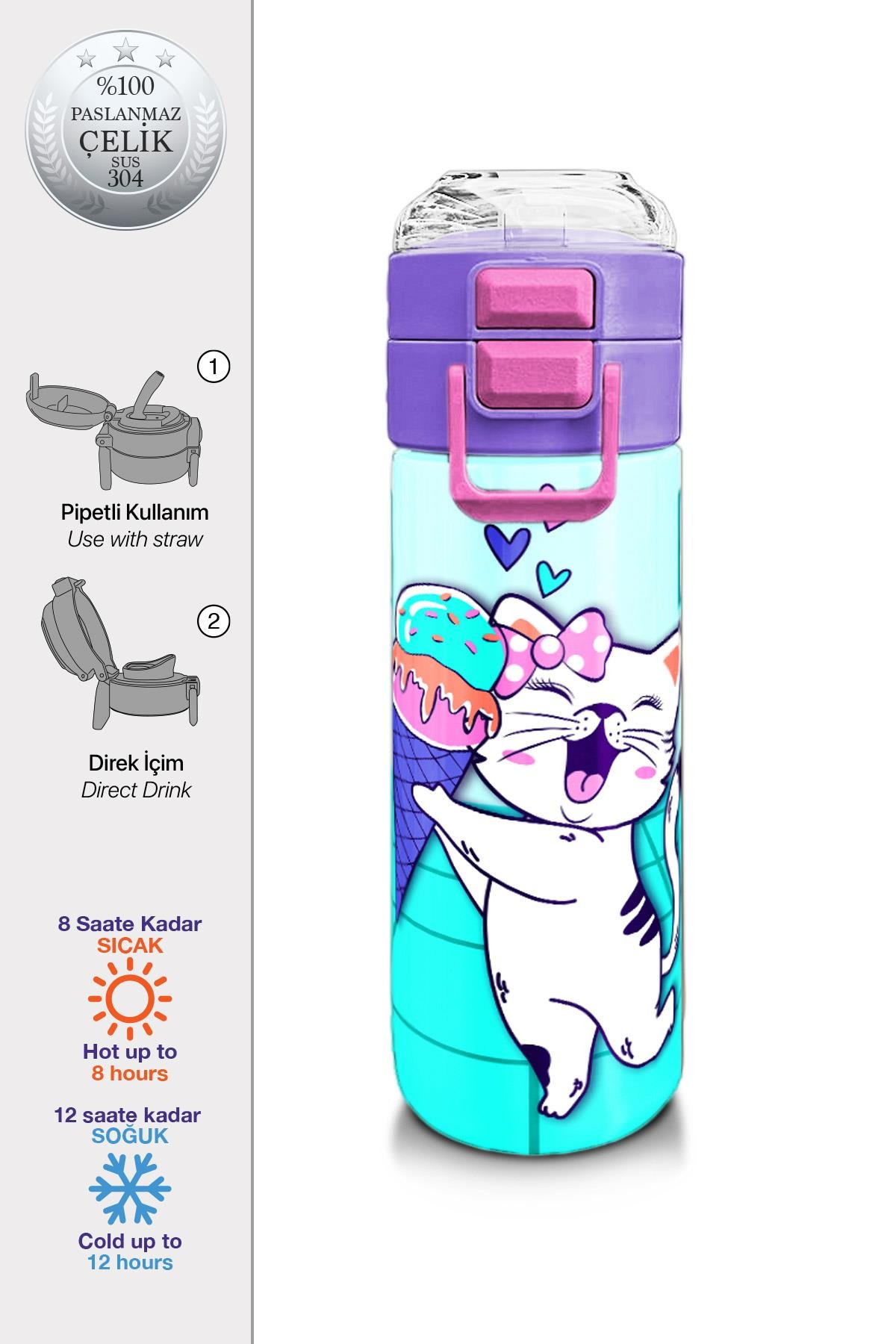 Coral High Kids Turkuaz Pembe Dondurmalı Desenli Pipetli ve Direkt İçim Çelik Termos 500 ml 31952