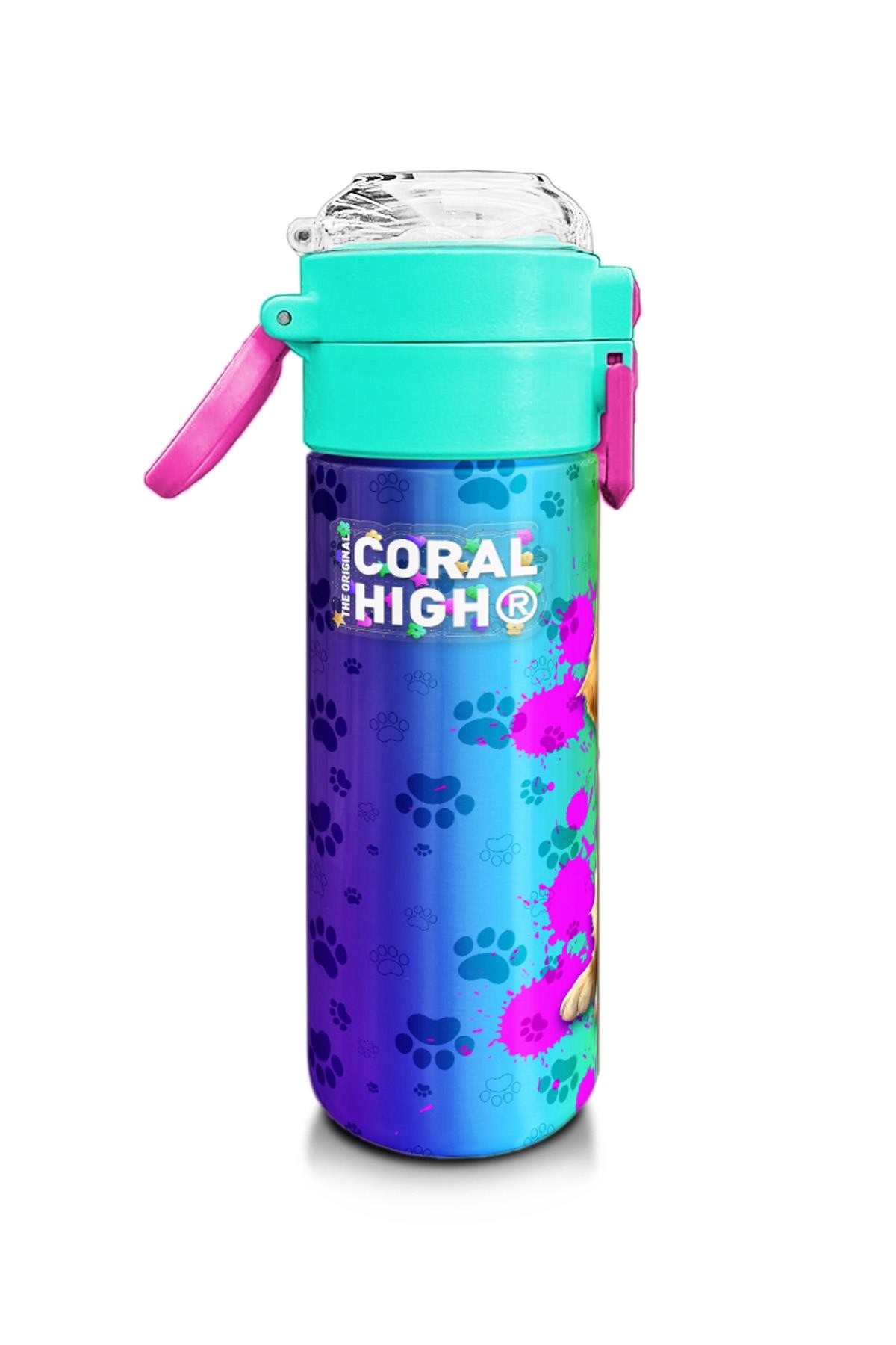 Coral High Kids Mor Pembe Köpek Desenli Pipetli ve Direkt İçim Çelik Termos 500 ml 31813
