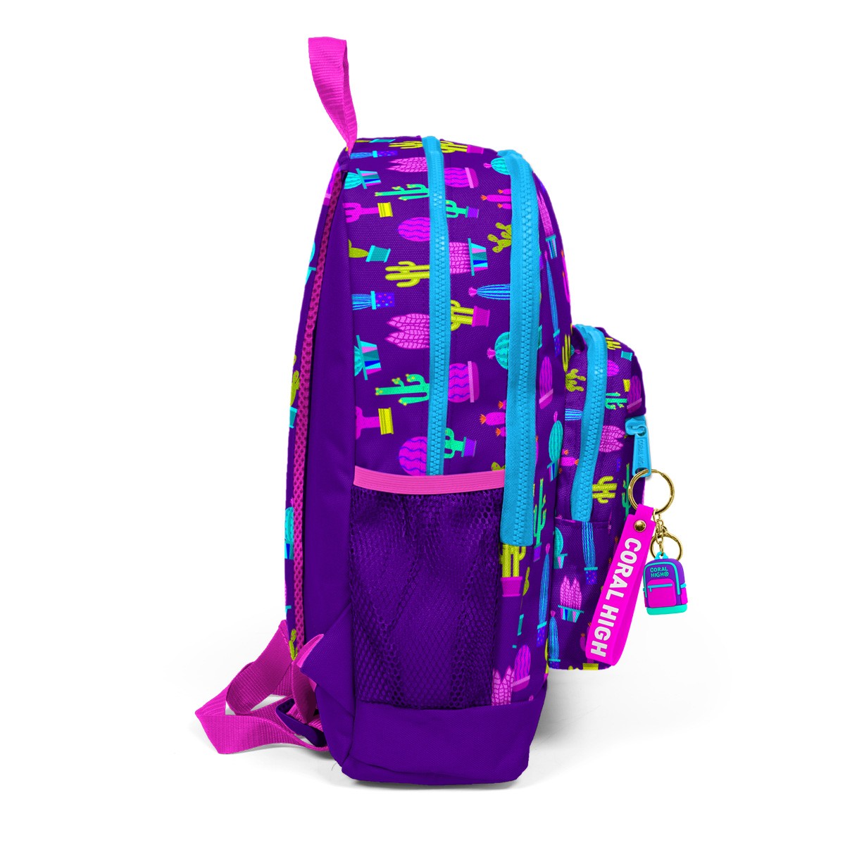 Coral High Kids Mor Pembe Kaktüs Desenli Dört Bölmeli USB'li Okul Sırt Çantası 23273