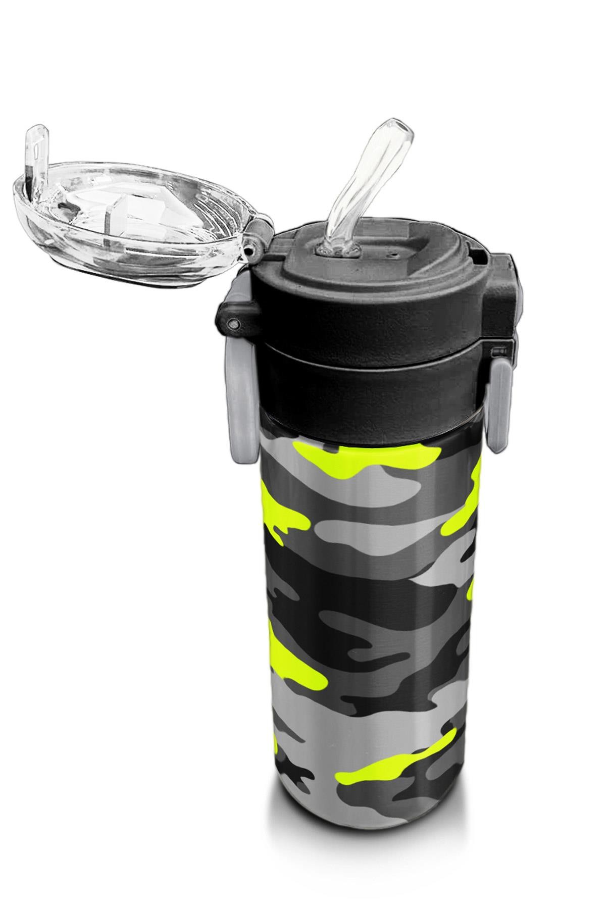 Coral High Kids Siyah Gri Kamuflaj Desenli Pipetli ve Direkt İçim Çelik Termos 500 ml 31909