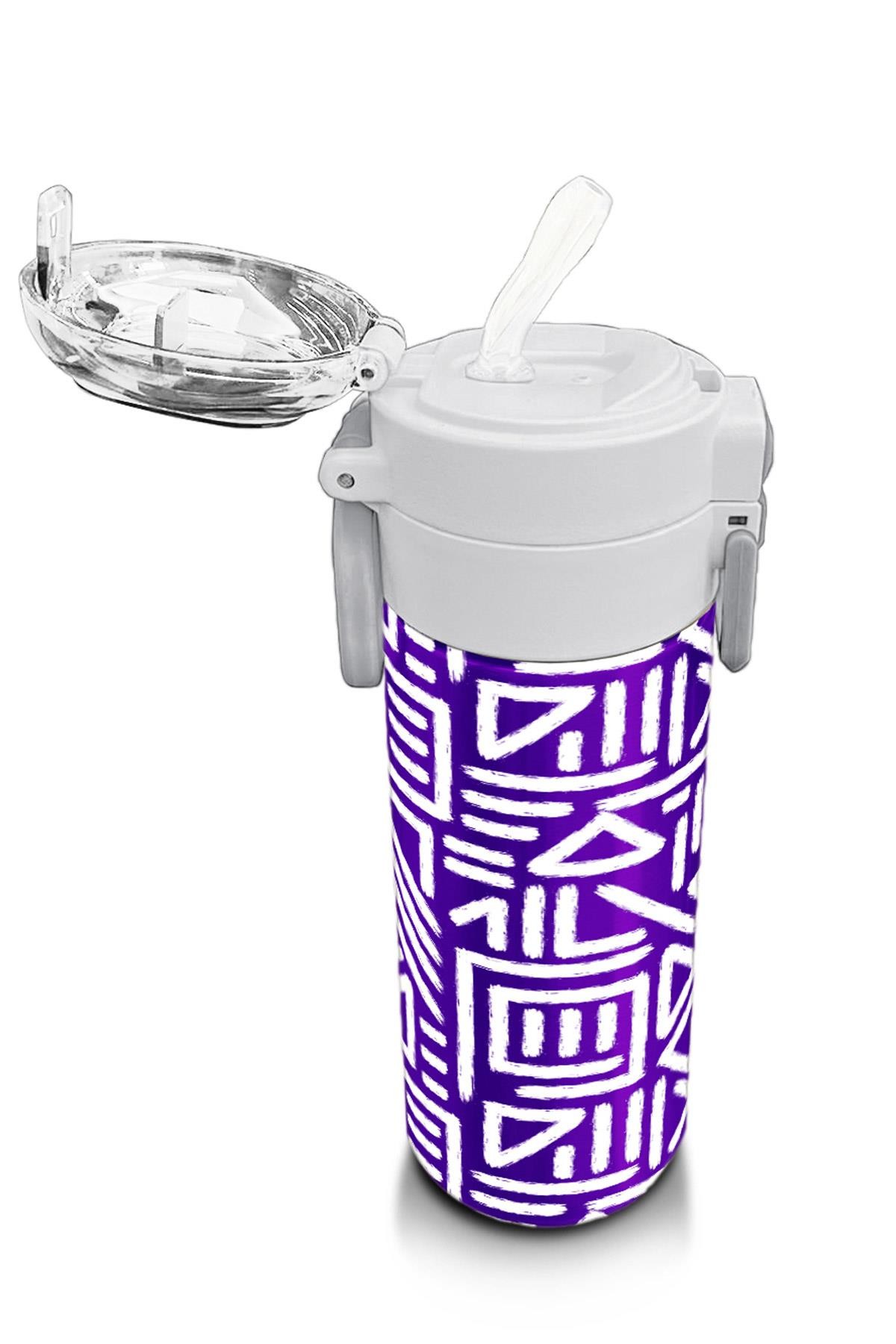 Coral High Kids Mor Beyaz Geometrik Desenli Pipetli ve Direkt İçim Çelik Termos 500 ml 31883