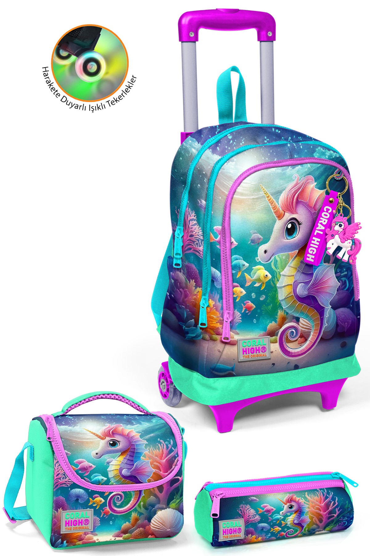 Coral High Kids Mavi Su Yeşili Denizatı Desenli 3’lü Çekçekli Okul Çanta Seti SET0123972